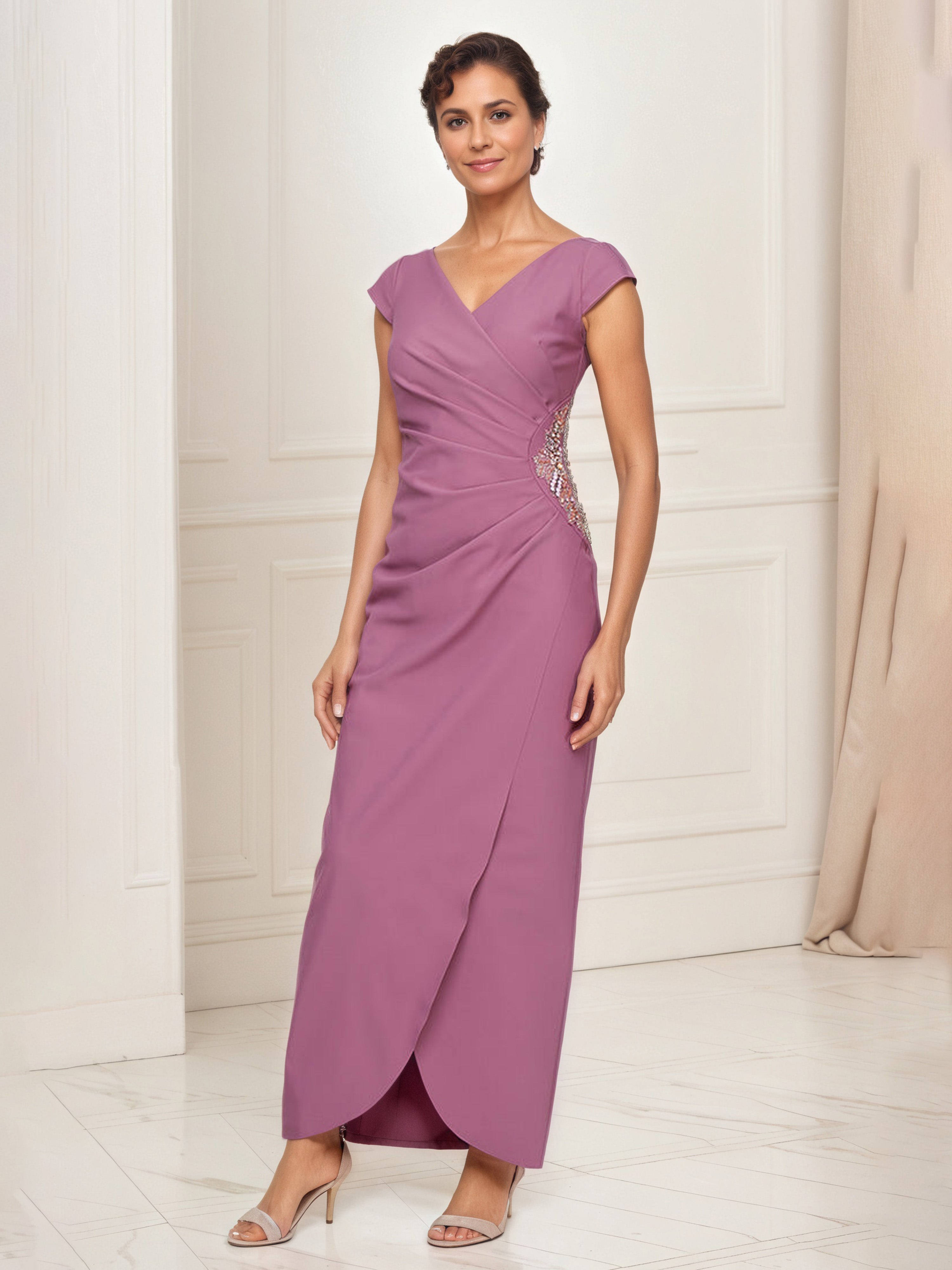 Dark Mauve Mother Of The Bride Dress Cap Sleeves V-Neck Beaded Embelli Dark Mauve Mother Of The Bride Dress Cap Sleeves V-Neck Beaded Embelli