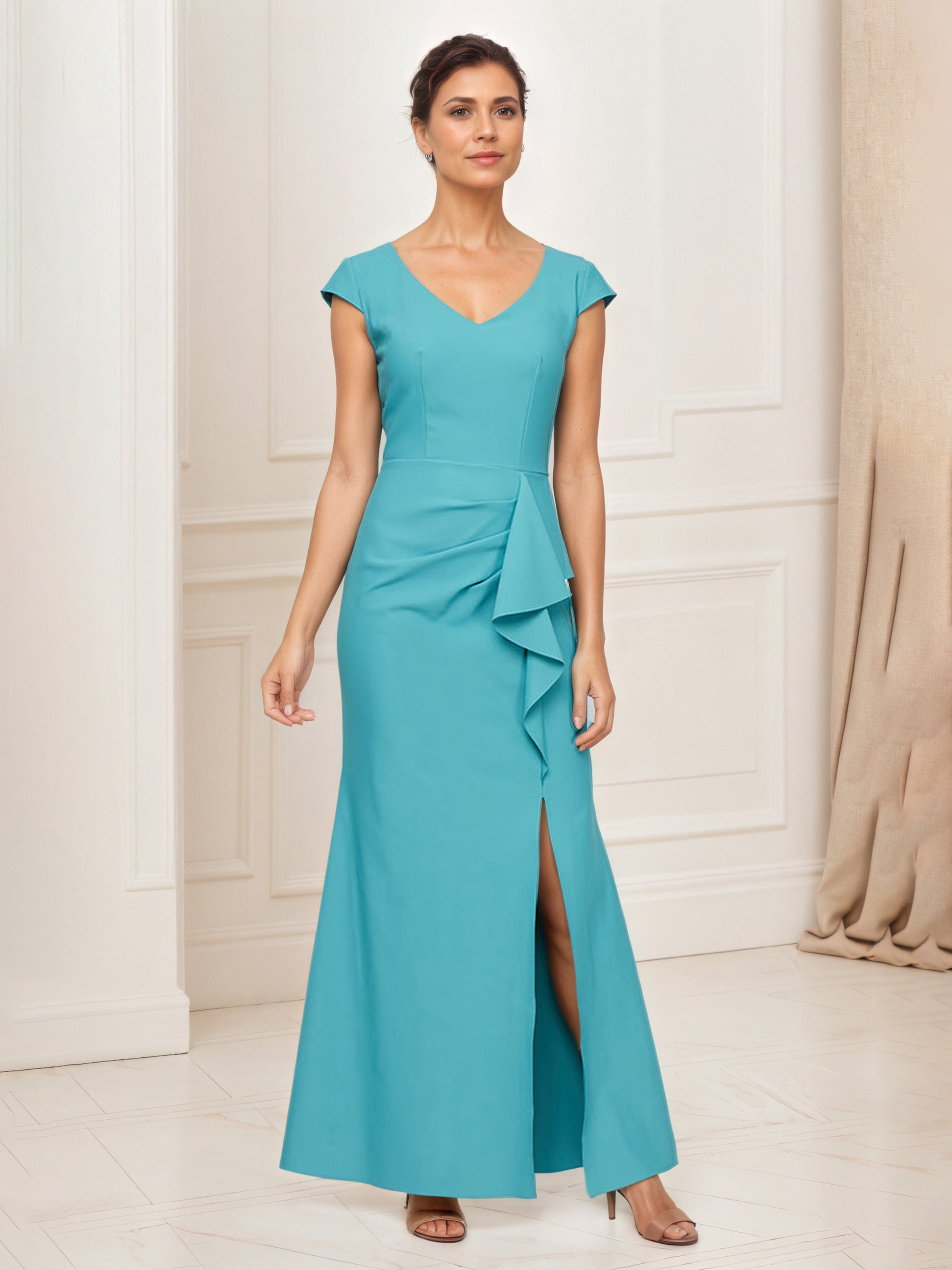 Jade Dresses Mother Of The Bride Cap Sleeves V-Neck Beaded Embellishment Waist Mother Of The Bride Dress Jade Dresses Mother Of The Bride Cap Sleeves V-Neck Beaded Embellishment Waist Mother Of The Bride Dress