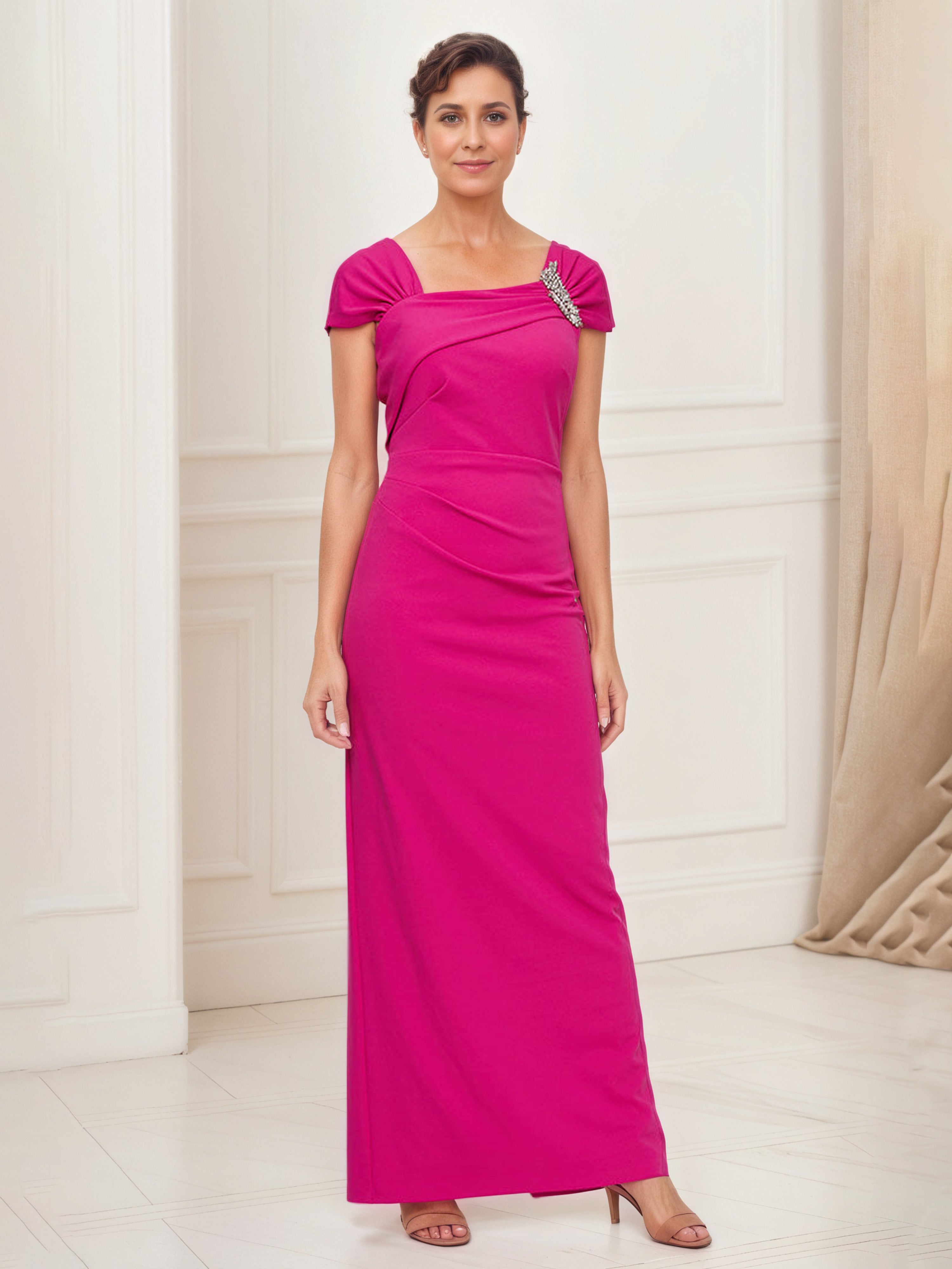 Mother of The Bride Fuchsia Dress Long Cap Sleeve Embellished Asymmetric Neckline Mother of The Bride Dress Mother of The Bride Fuchsia Dress Long Cap Sleeve Embellished Asymmetric Neckline Mother of The Bride Dress