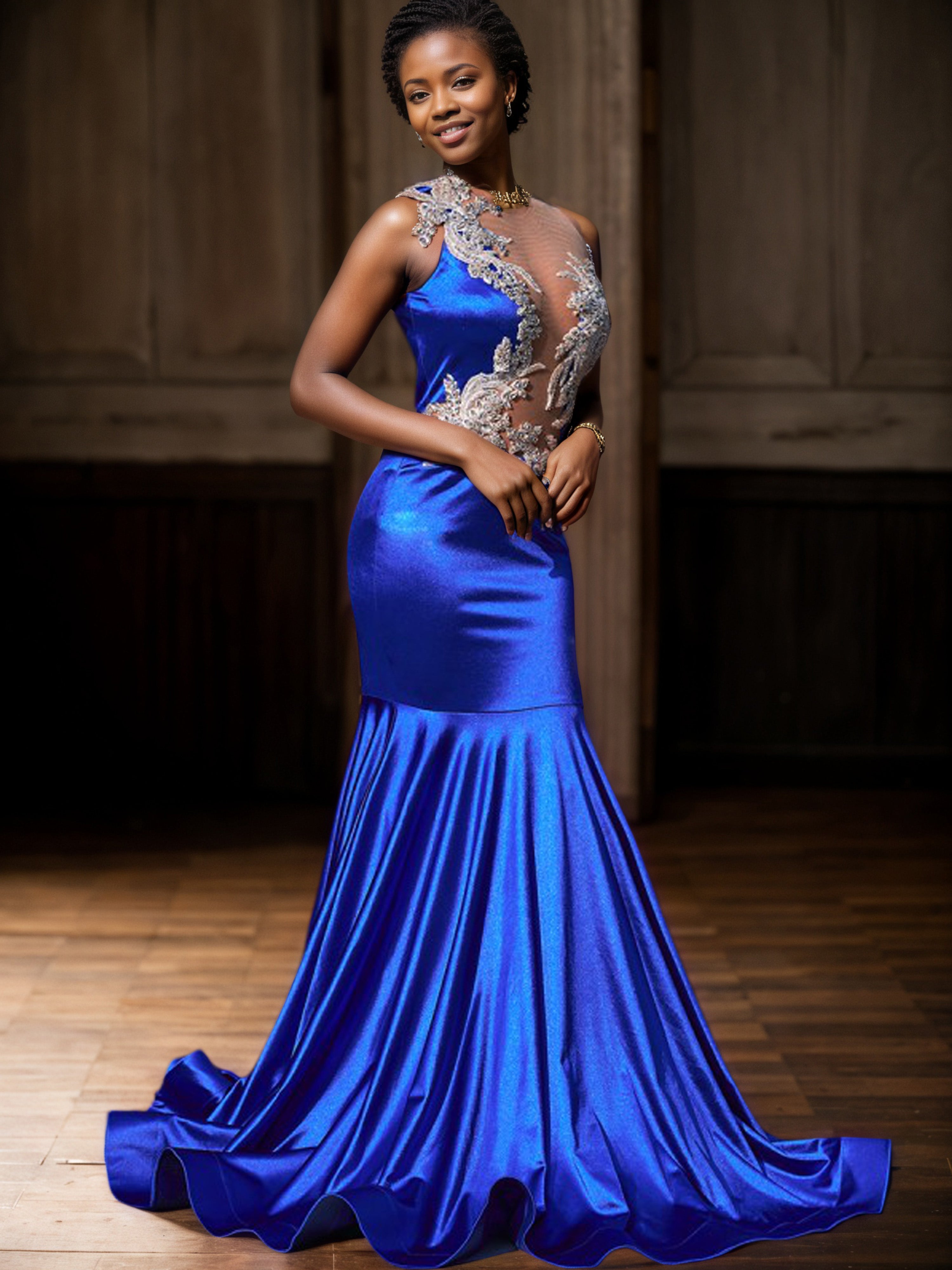 Royal Blue Evening Gown Lace Appliques Illusion Mermaid Open Back Form Royal Blue Evening Gown Lace Appliques Illusion Mermaid Open Back Form