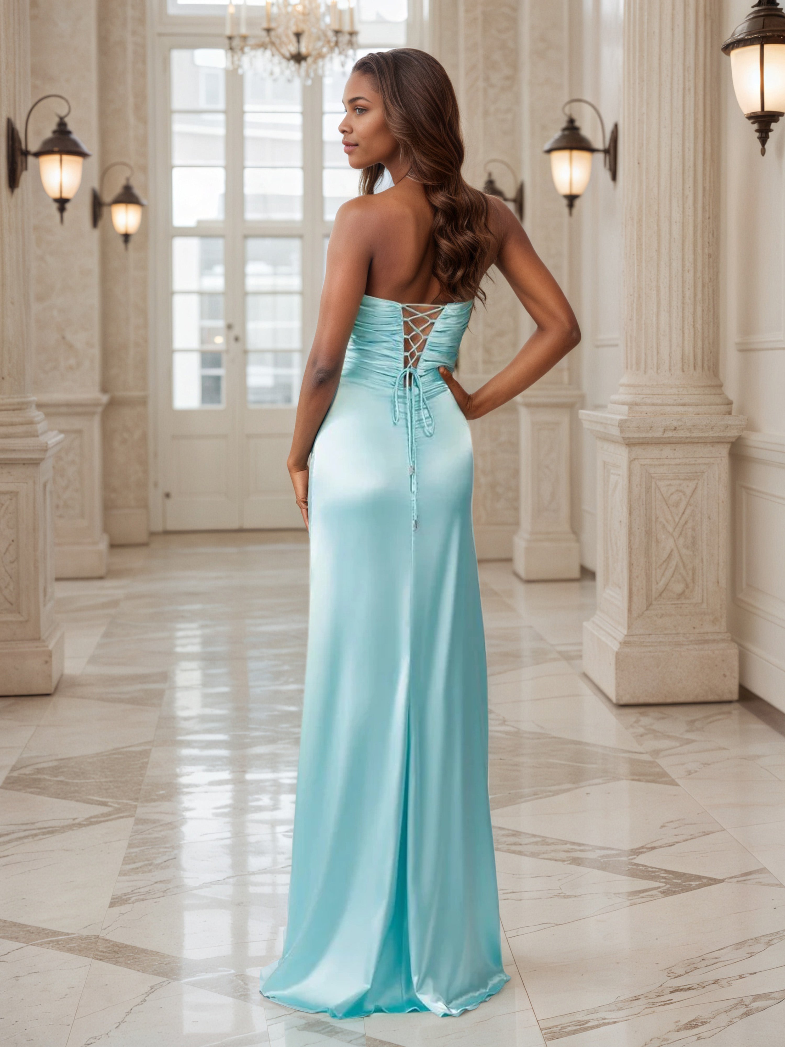 Dusty Blue Prom Dresses Sheath Sweetheart Keyhole Long Prom Dress
