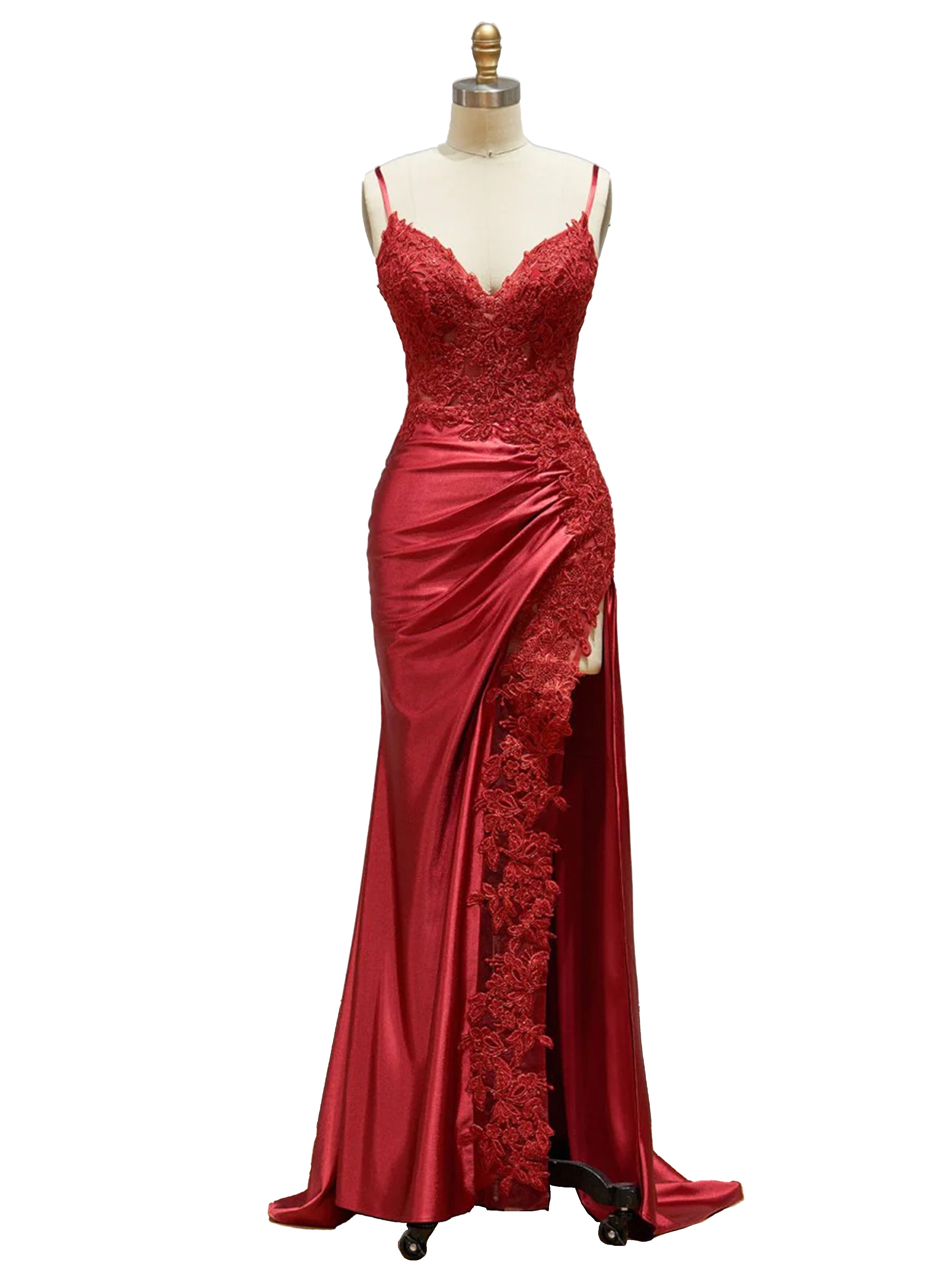 Formal Dresses Red Spaghetti Straps Lace Bodice Long Formal Dress with Slit Formal Dresses Red Spaghetti Straps Lace Bodice Long Formal Dress with Slit
