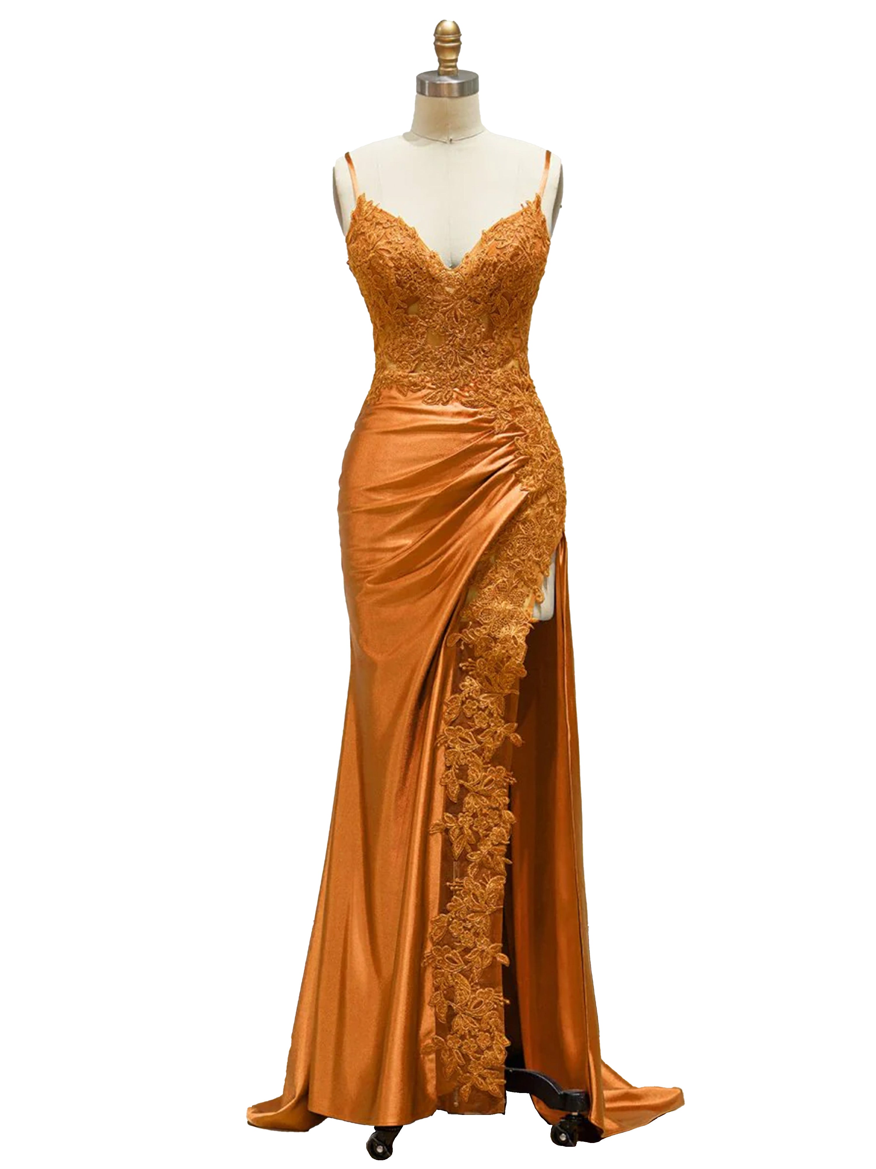 Orange Prom Dresses Spaghetti Straps Lace Bodice Long Prom Dress with Orange Prom Dresses Spaghetti Straps Lace Bodice Long Prom Dress with