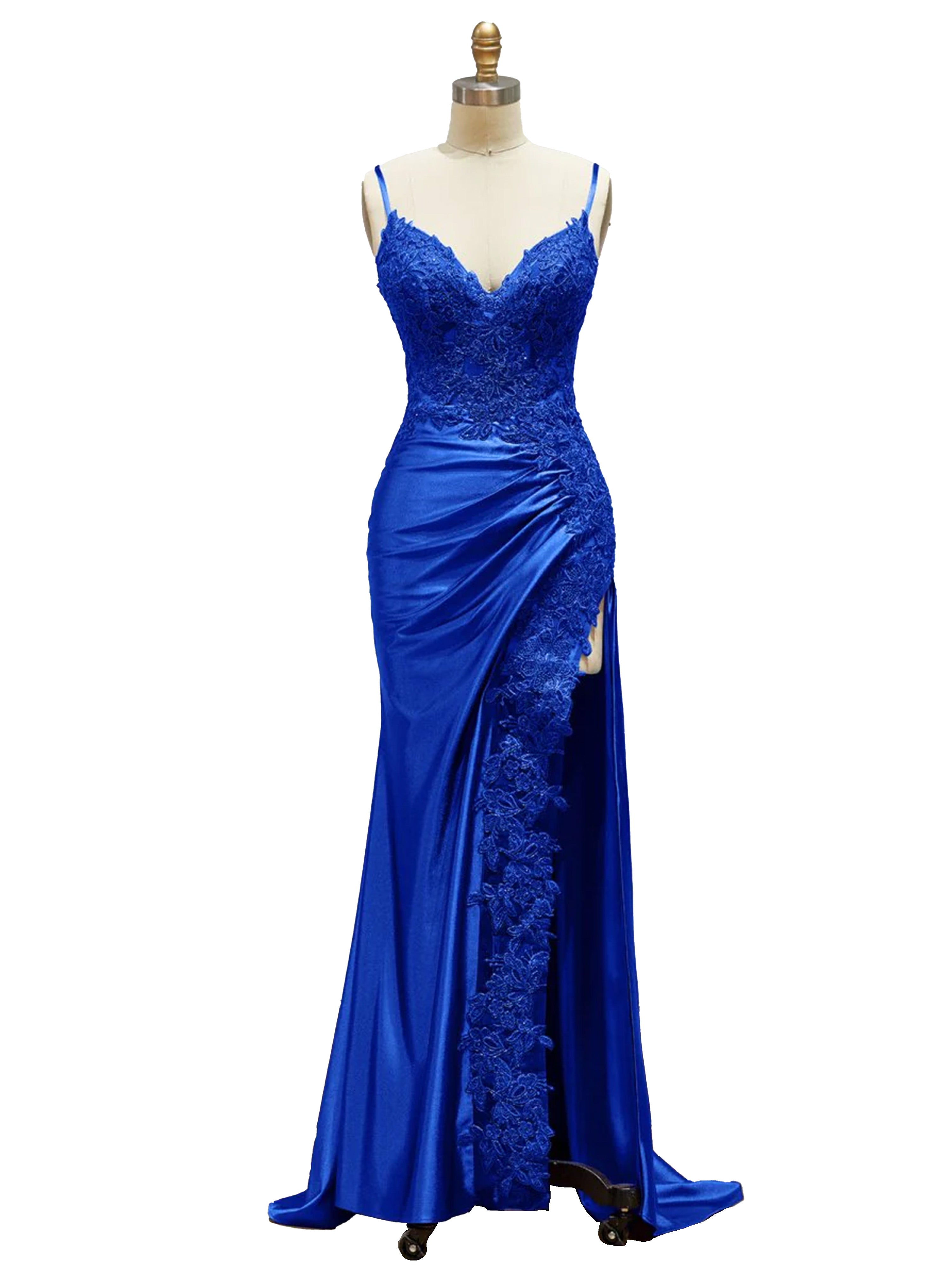 Royal Blue Prom Dresses Spaghetti Straps Lace Bodice Long Prom Dress with Slit Royal Blue Prom Dresses Spaghetti Straps Lace Bodice Long Prom Dress with Slit