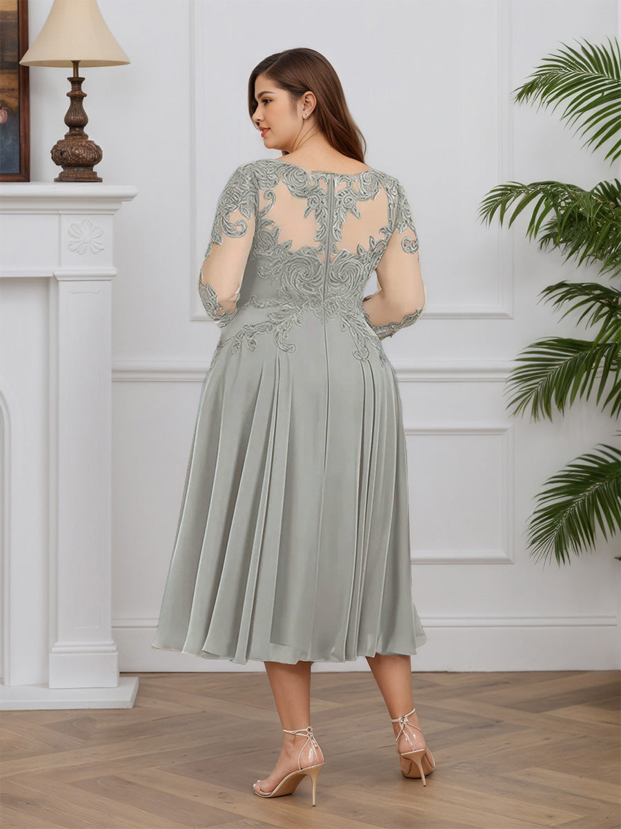 Cicinia Silver Prom Dresses Long Chiffon Lace A-line Tea Length Plus Size