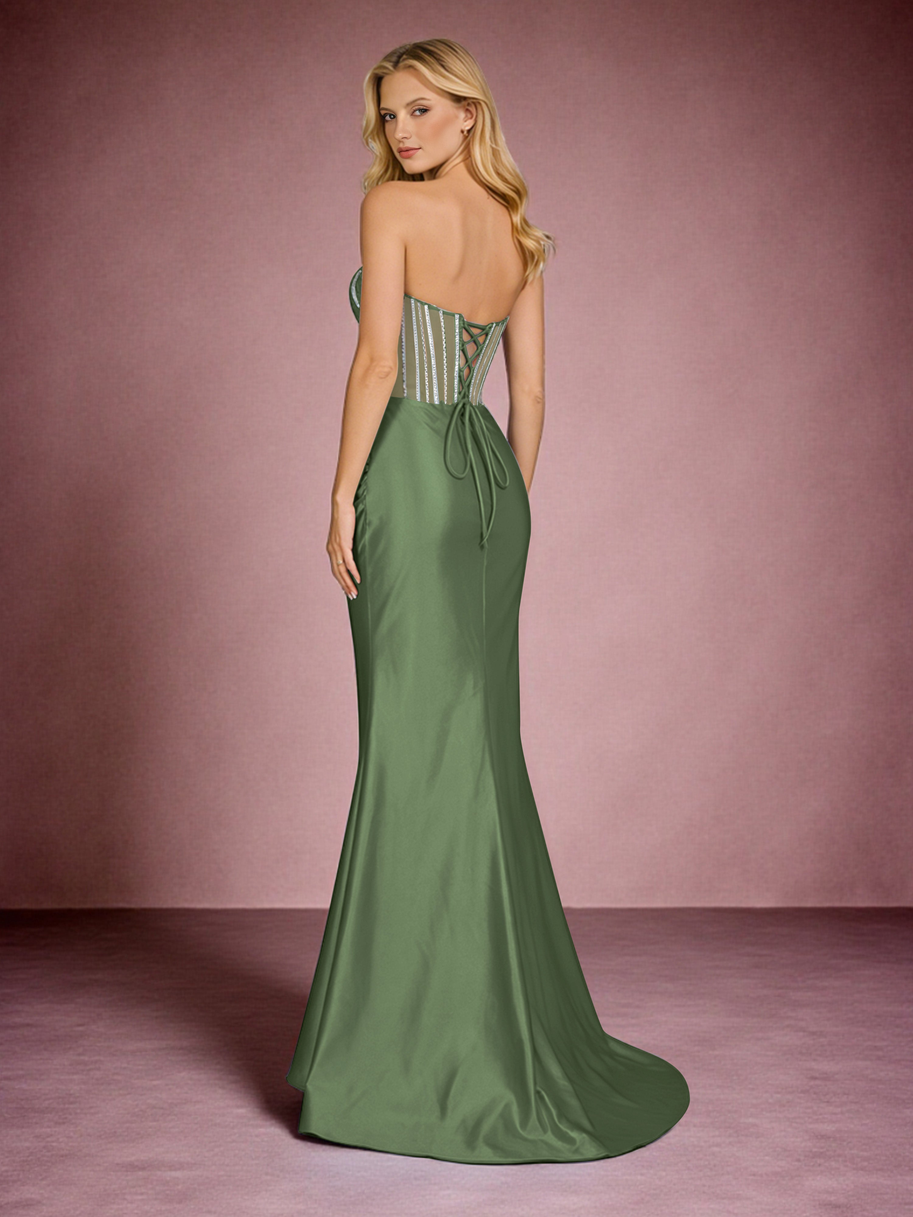 Cicinia Olive Green Prom Dresses Online Long Stretch Satin Sheath Strapless Beaded Slit