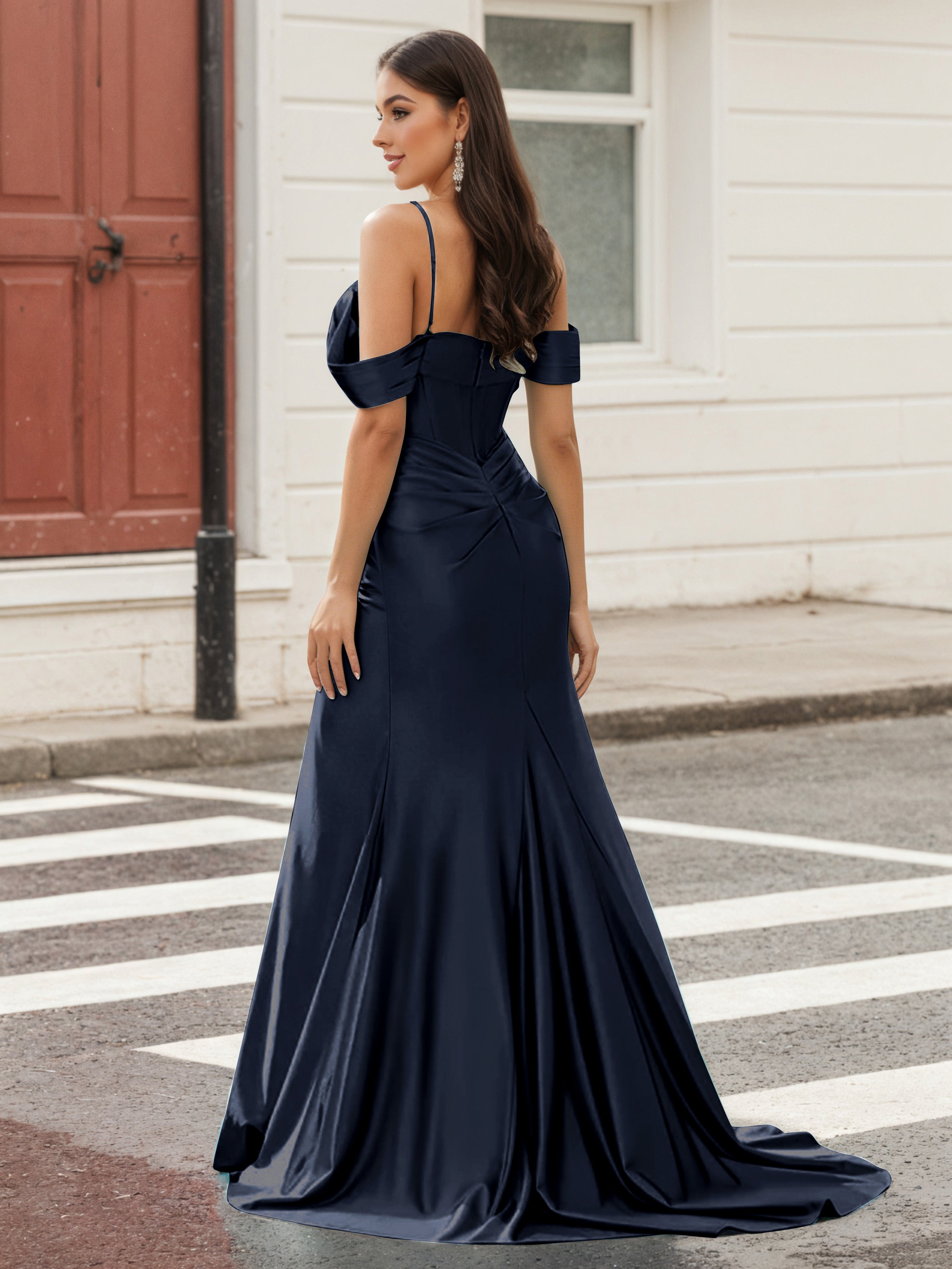 Cicinia Dark Navy Spaghetti Straps Prom Dresses Long Stretch Fabric Sheath Beaded Slit Dress