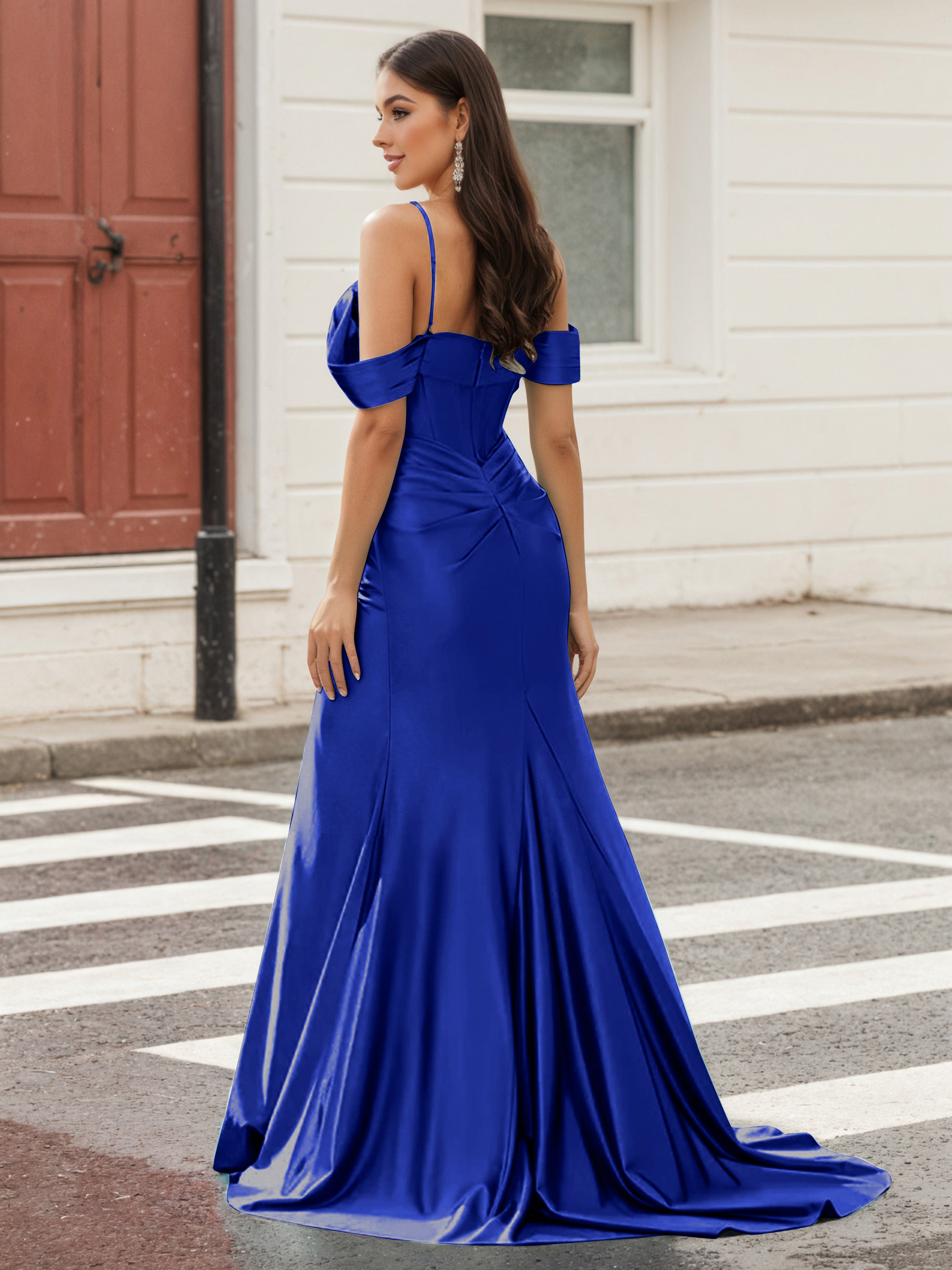 Cicinia Royal Blue Spaghetti Straps Prom Dresses Long Stretch Fabric Sheath Beaded Slit Dress