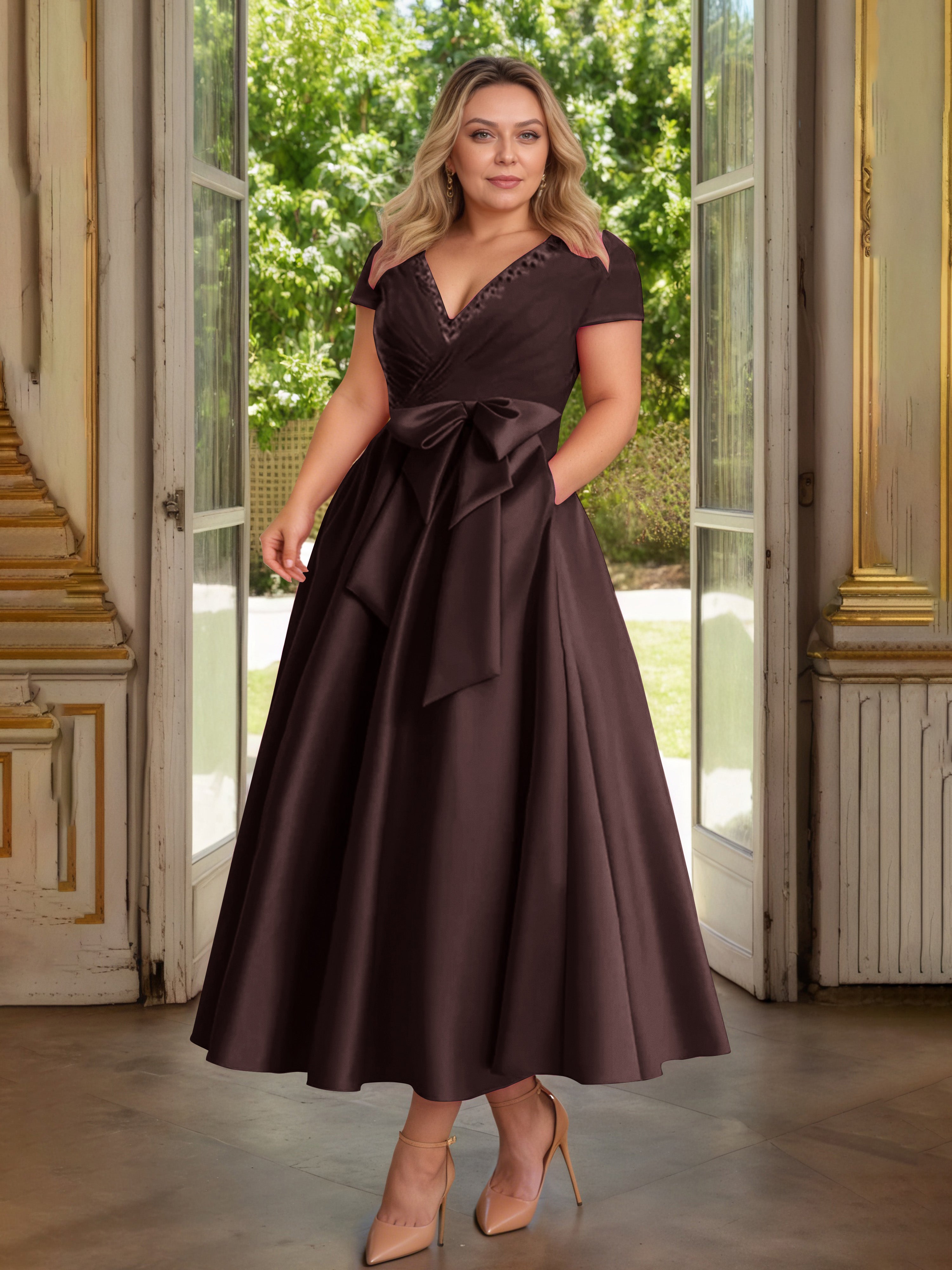 Cicinia Chocolate Mother Of The Bride Dress Plus Size Long Satin A-line Beaded Ankle Length V-neck