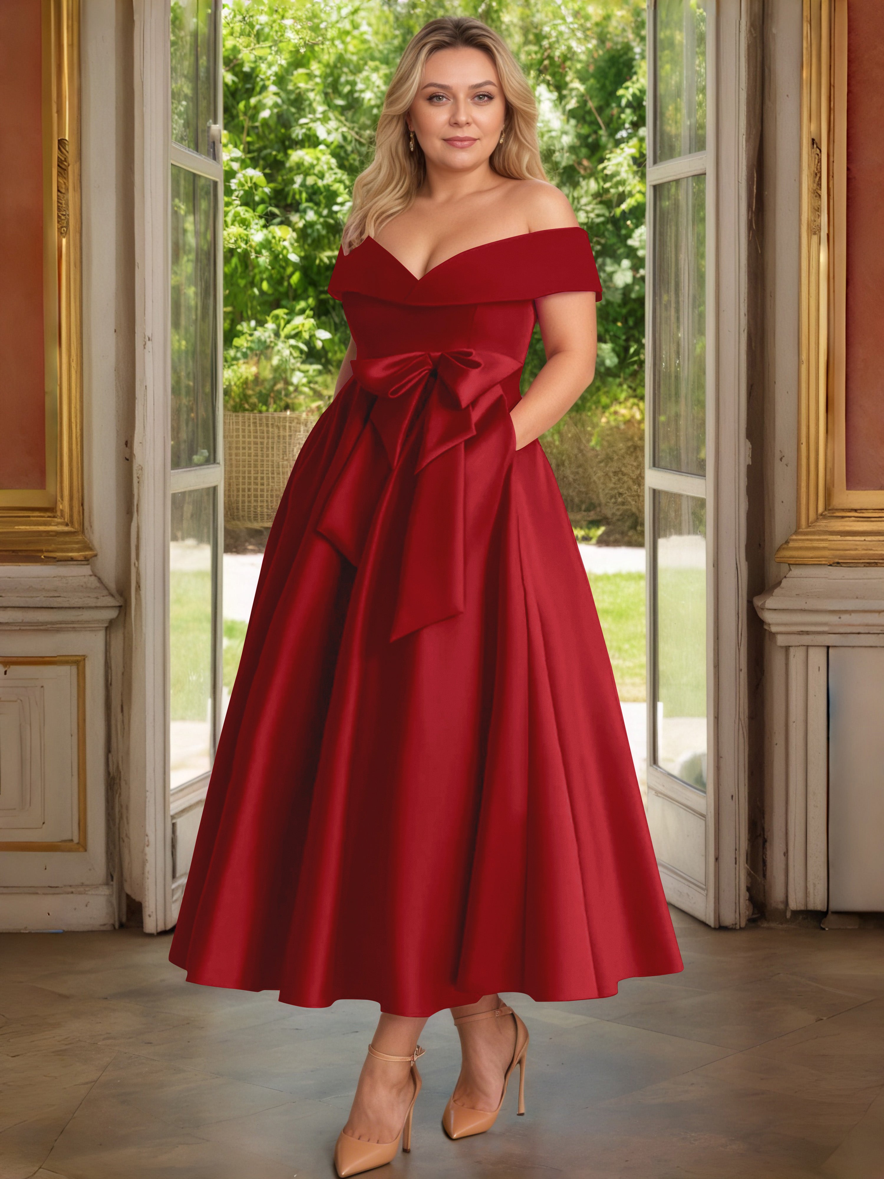 Cicinia Plus Size Burgundy Mother Of The Bride Dress With Bowknot Long Satin A-line Off The Shoulder Ankle Length