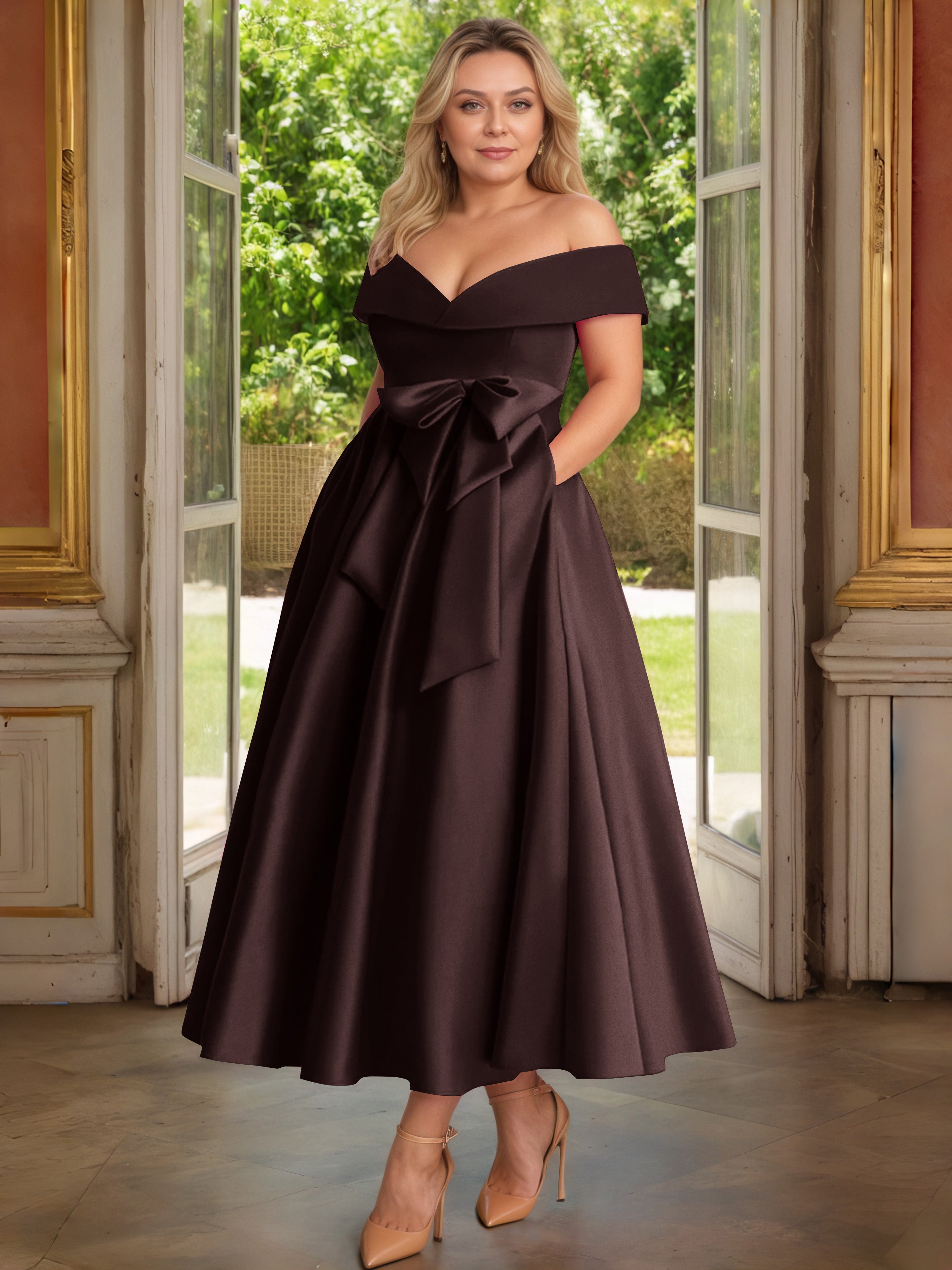 Cicinia Plus Size Chocolate Mother Of The Bride Dress With Bowknot Long Satin A-line Off The Shoulder Ankle Length