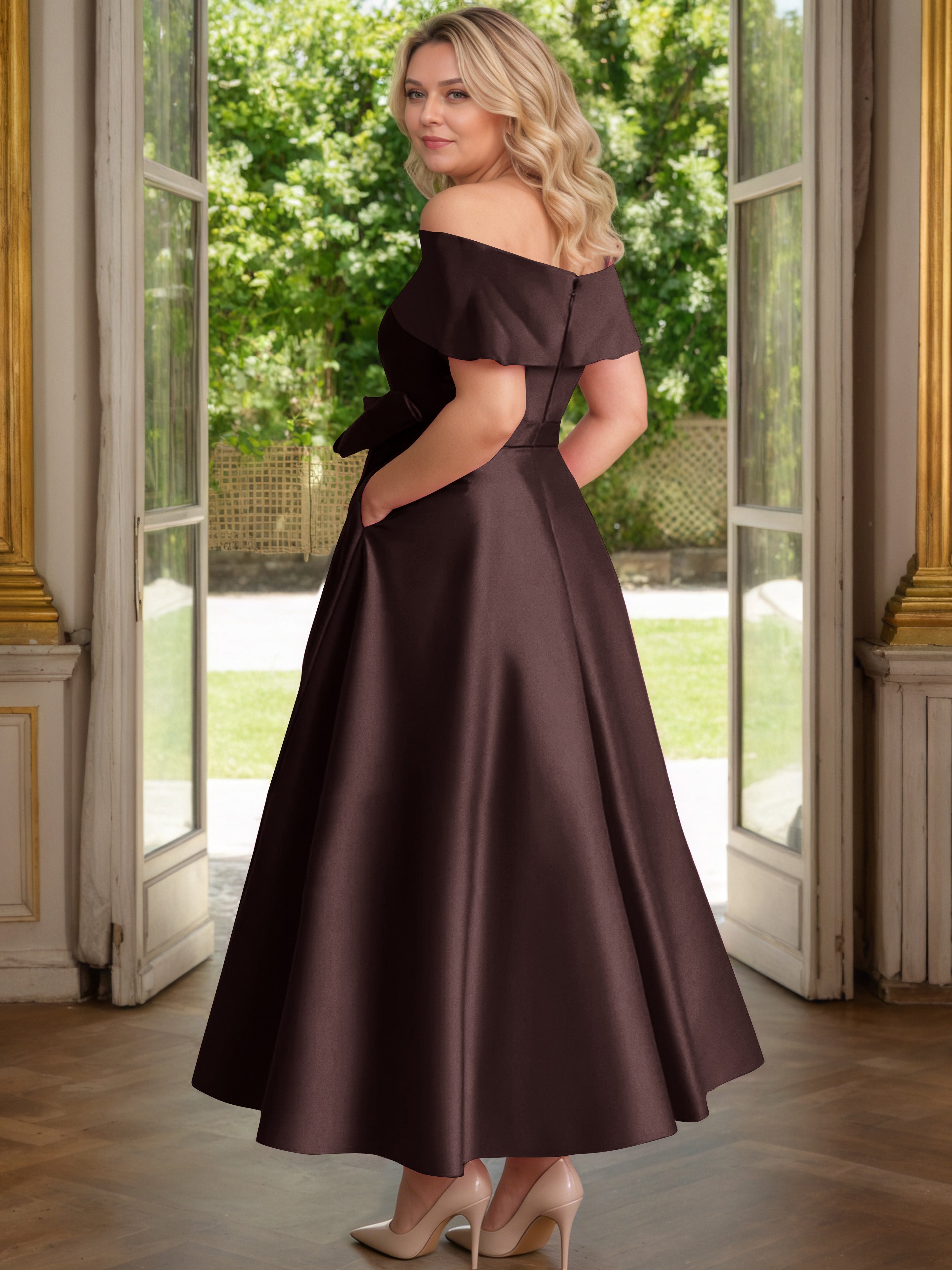 Cicinia Plus Size Chocolate Mother Of The Bride Dress With Bowknot Long Satin A-line Off The Shoulder Ankle Length