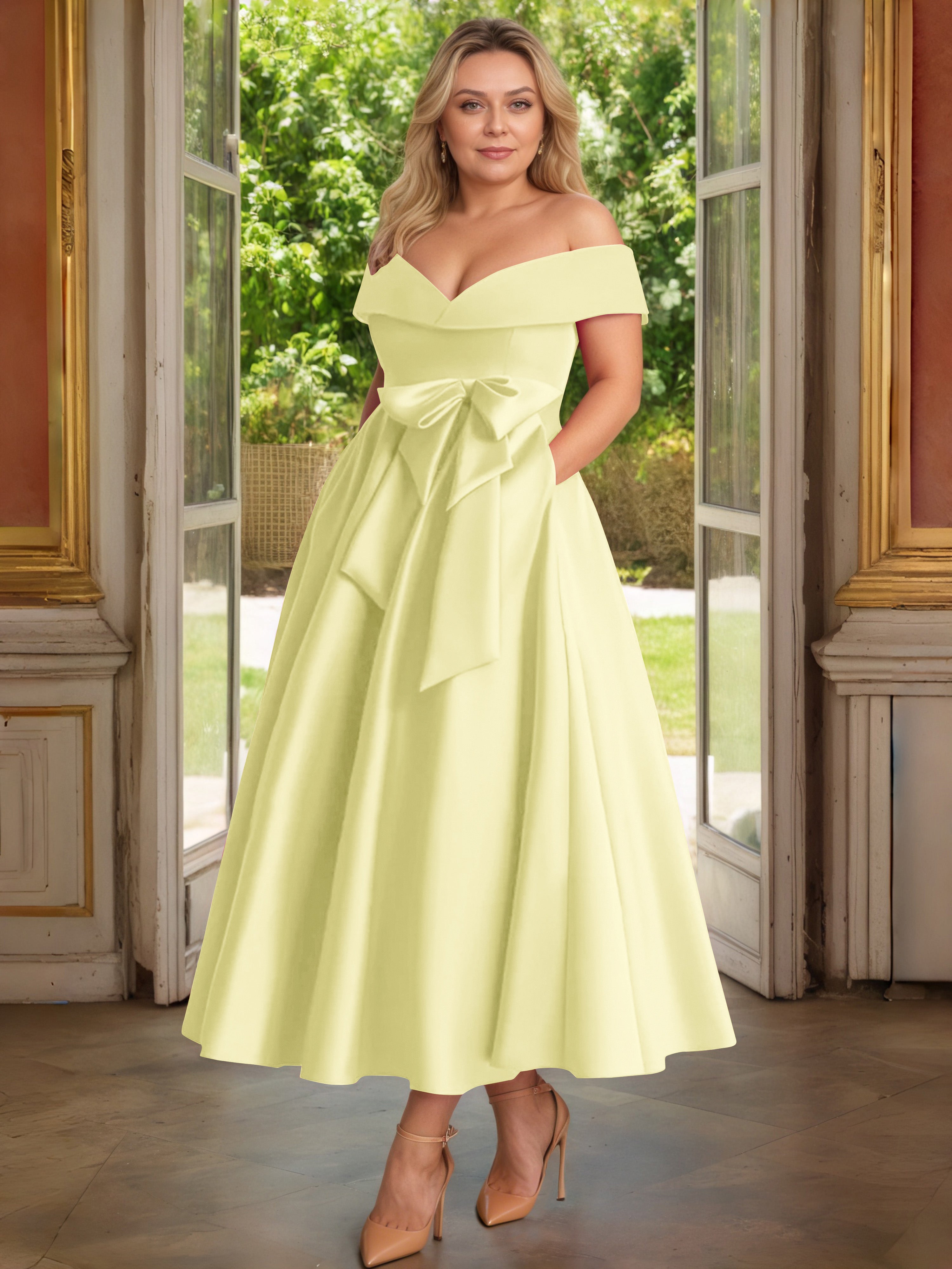 Cicinia Plus Size Daffodil Mother Of The Bride Dress With Bowknot Long Satin A-line Off The Shoulder Ankle Length