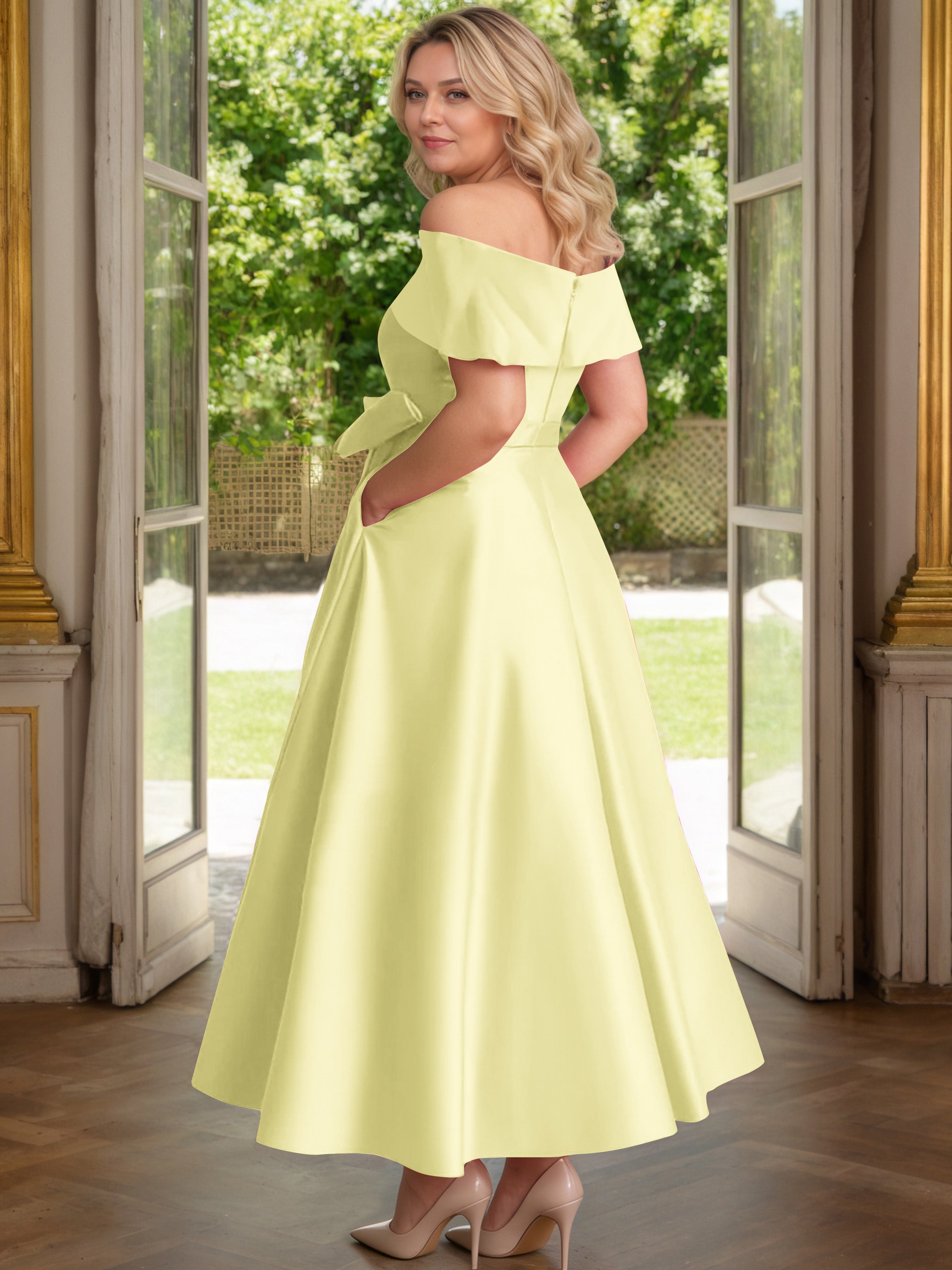 Cicinia Plus Size Daffodil Mother Of The Bride Dress With Bowknot Long Satin A-line Off The Shoulder Ankle Length