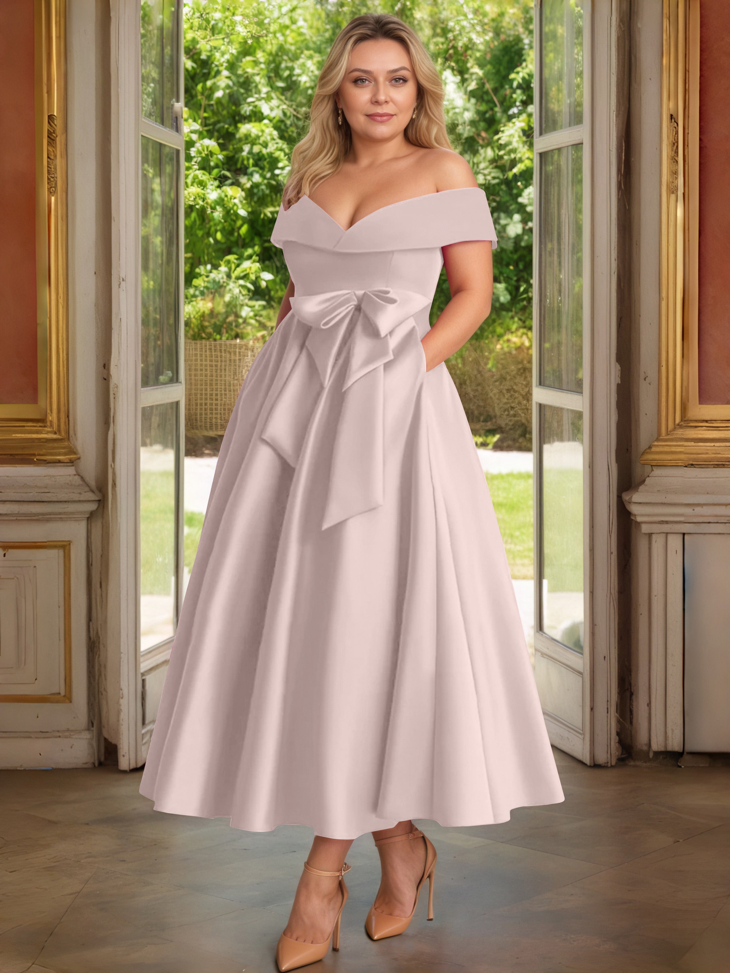 Cicinia Plus Size Dusty Rose Mother Of The Bride Dress With Bowknot Long Satin A-line Off The Shoulder Ankle Length