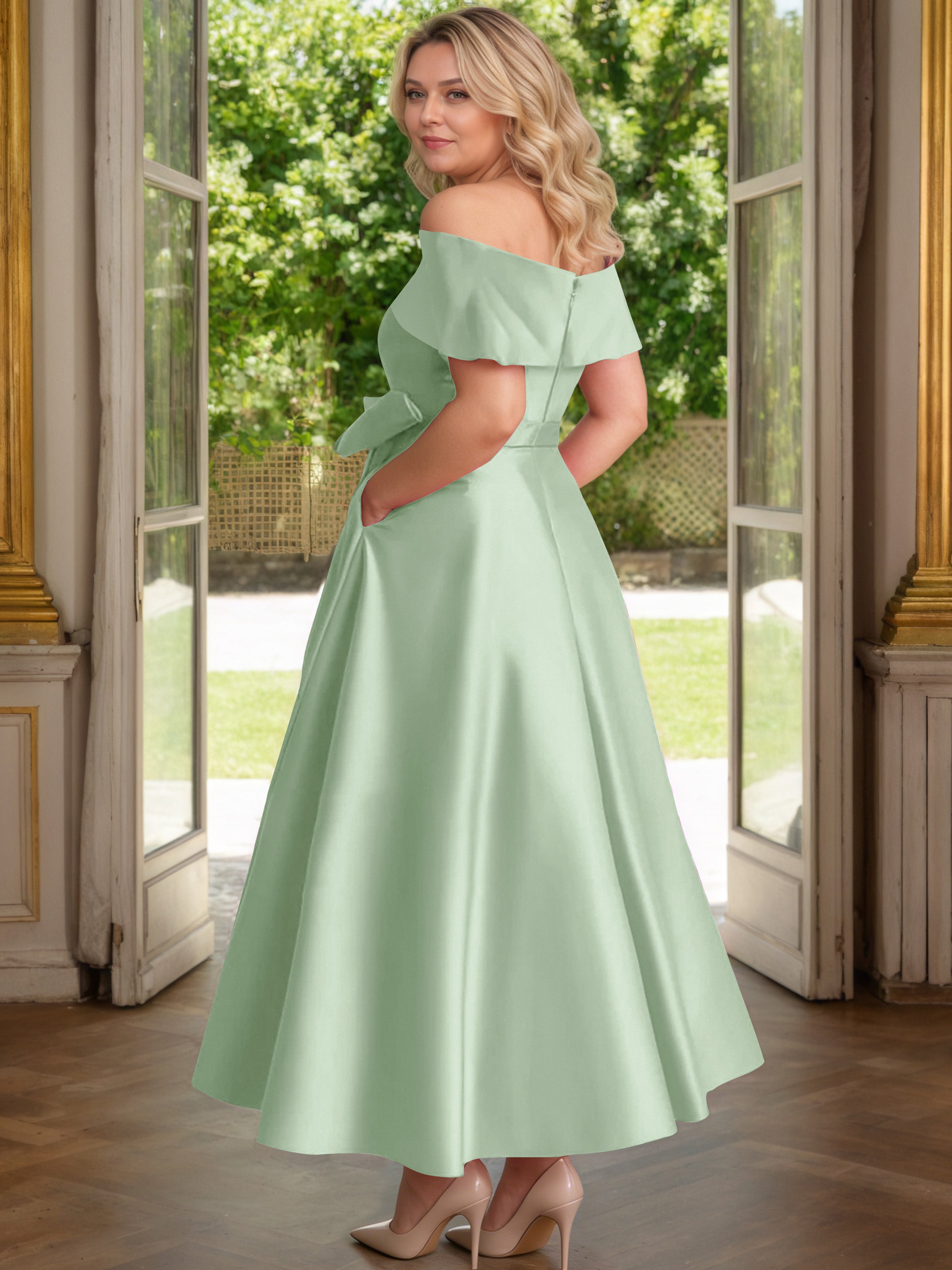 Cicinia Plus Size Dusty Sage Mother Of The Bride Dress With Bowknot Long Satin A-line Off The Shoulder Ankle Length