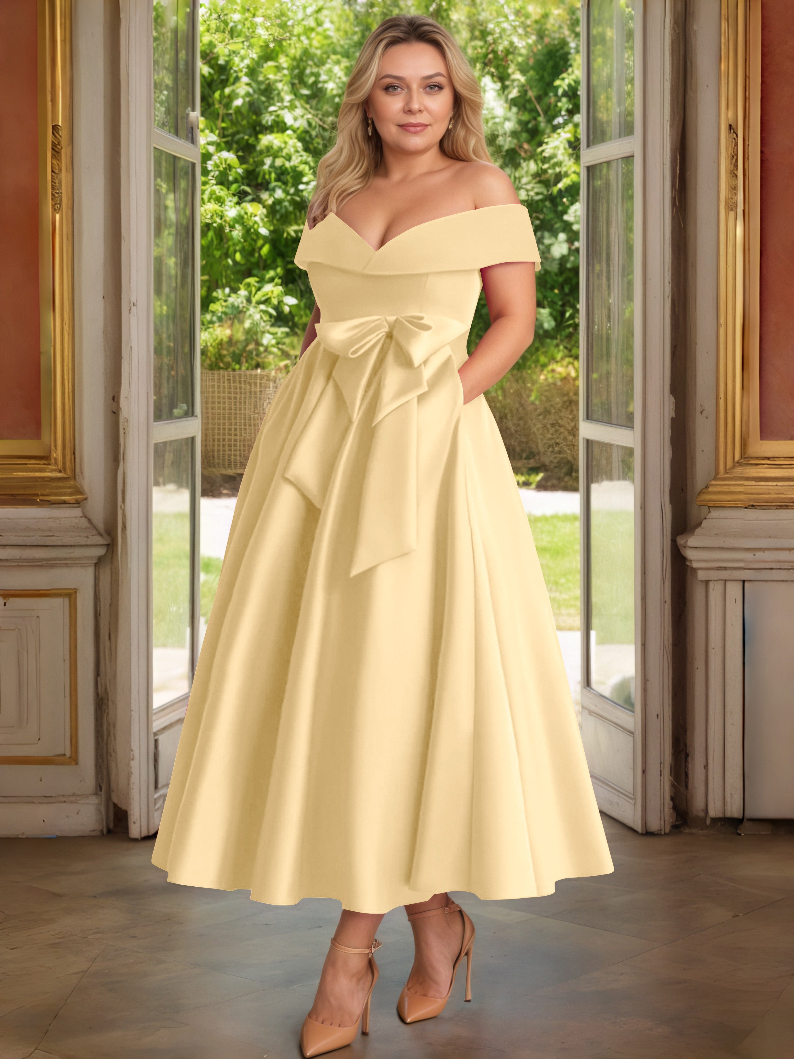 gold mother of the bride dresses plus size Cicinia Dress With Bowknot Long Satin A-line Off The Shoulder Ankle Length ASOS Design - Mini The sheer 3/4 sleeves 5/18/2026 Color:Oro Legacy
