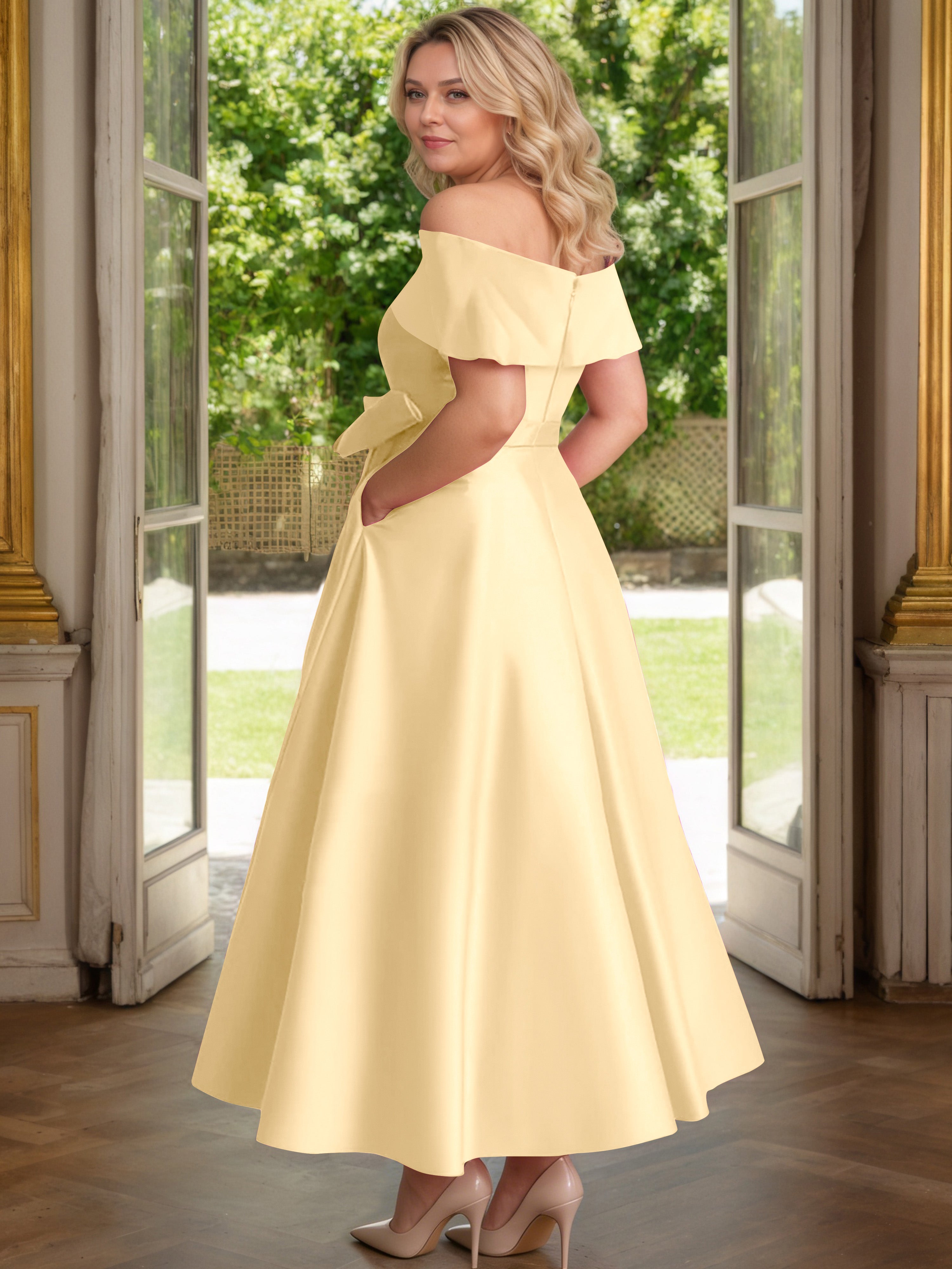Cicinia Plus Size Gold Mother Of The Bride Dress With Bowknot Long Satin A-line Off The Shoulder Ankle Length