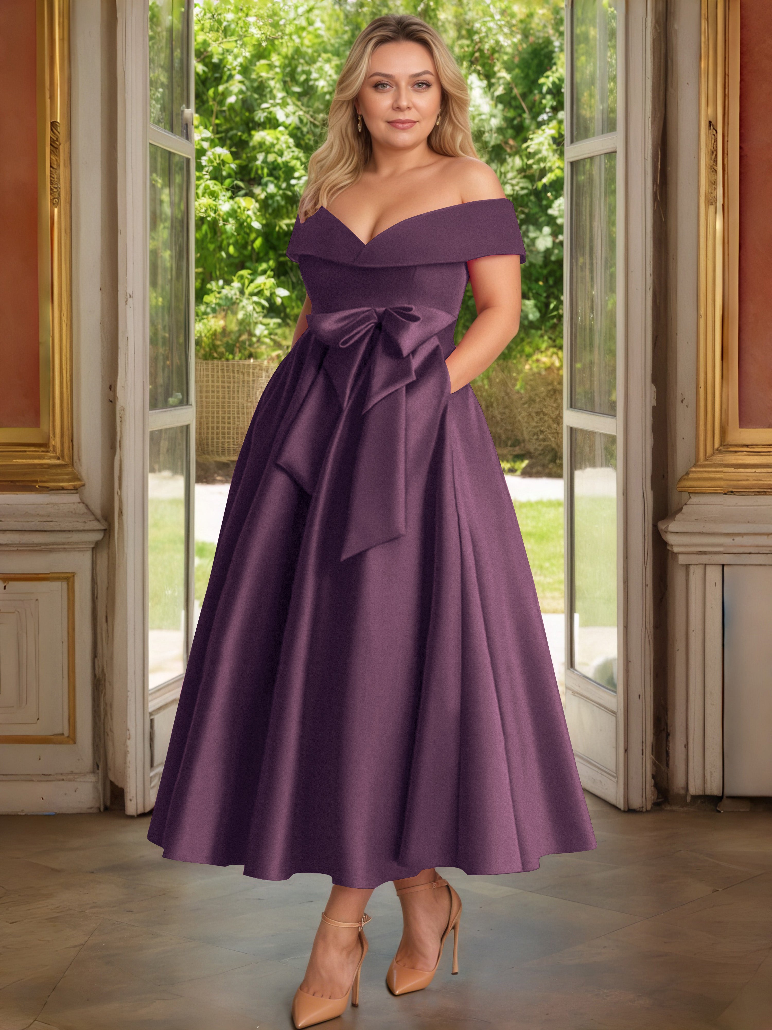 Cicinia Plus Size Grape Mother Of The Bride Dress With Bowknot Long Satin A-line Off The Shoulder Ankle Length