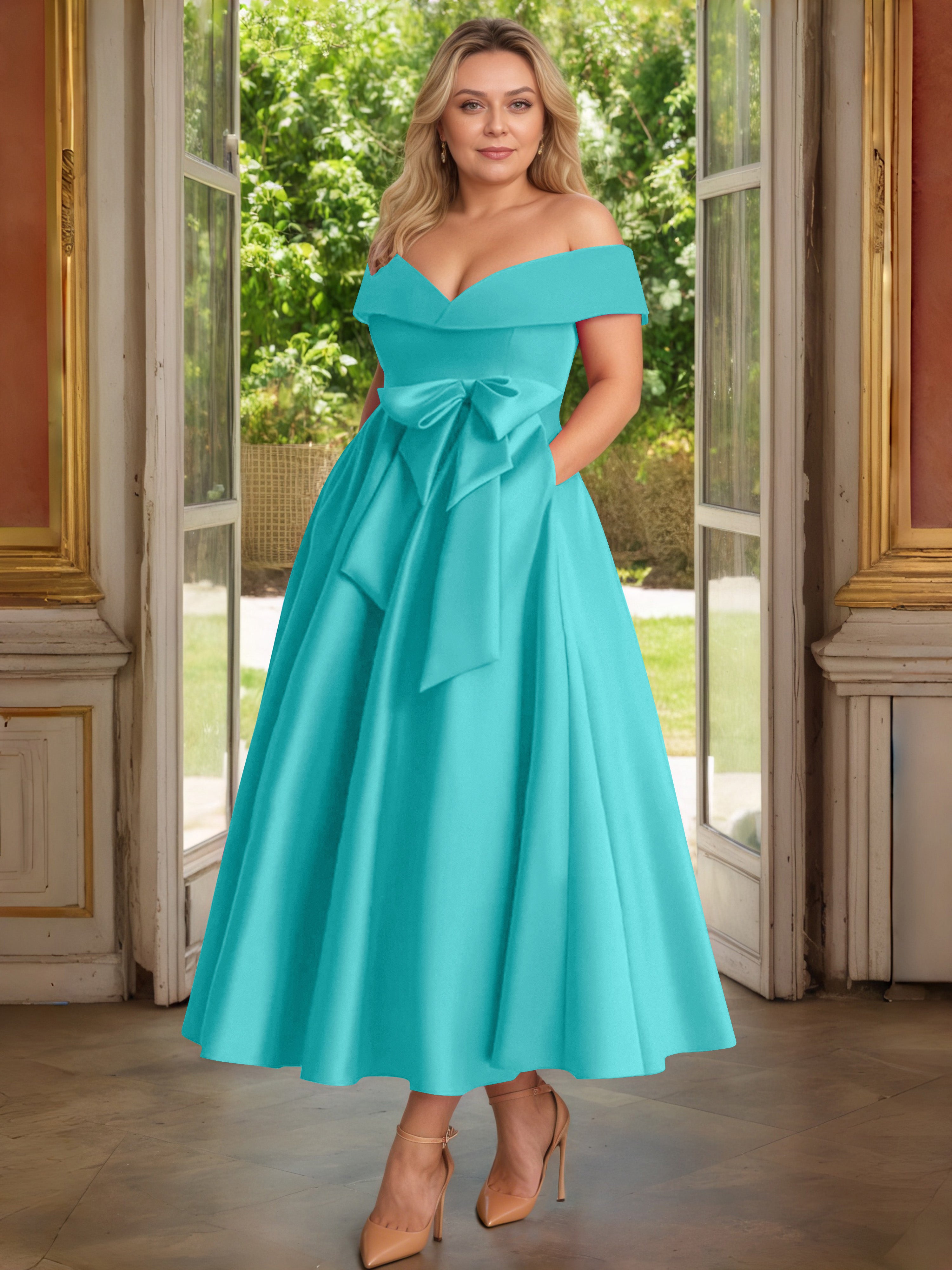 Cicinia Plus Size Jade Mother Of The Bride Dress With Bowknot Long Satin A-line Off The Shoulder Ankle Length
