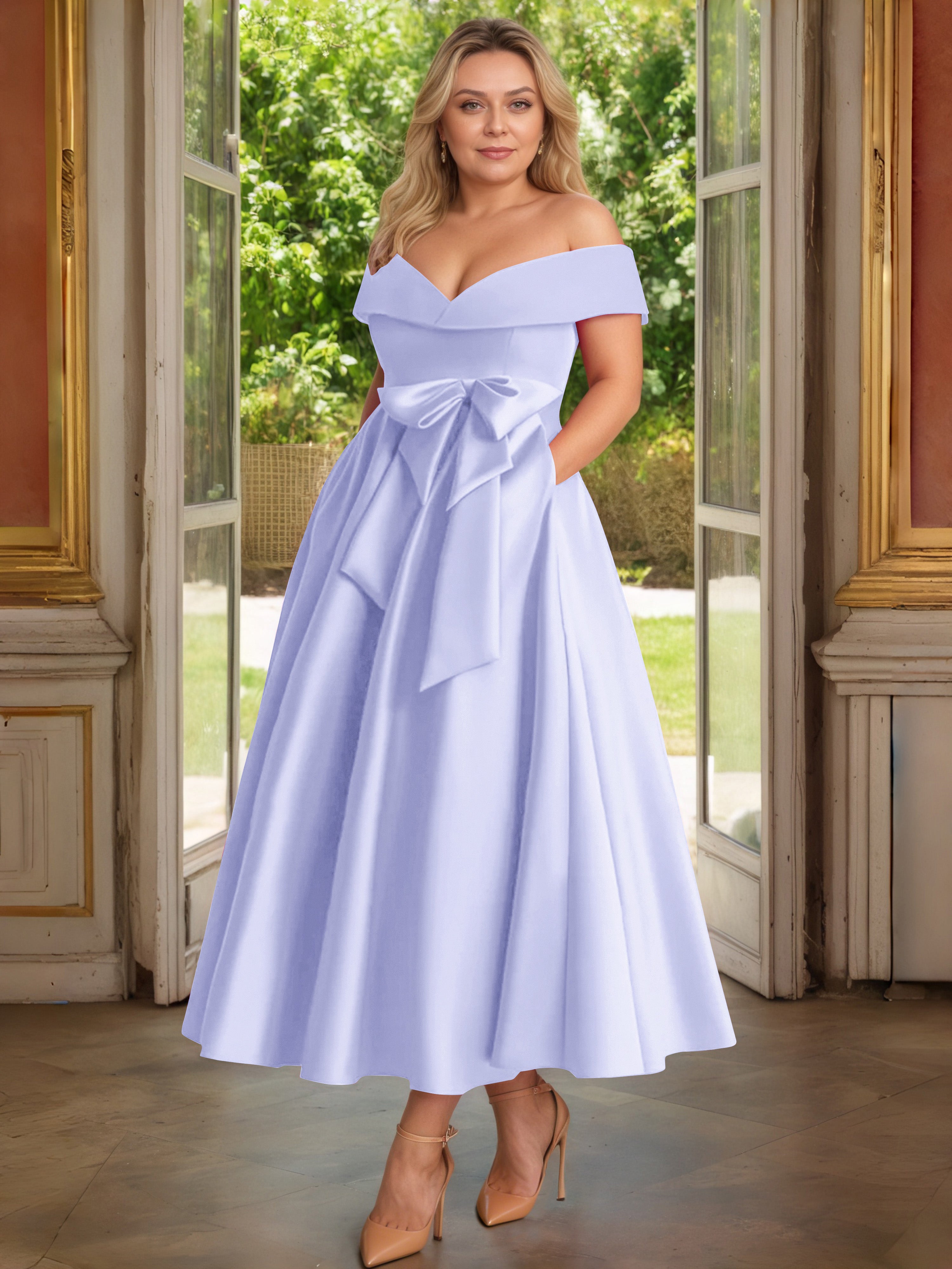 Cicinia Plus Size Lavender Mother Of The Bride Dress With Bowknot Long Satin A-line Off The Shoulder Ankle Length