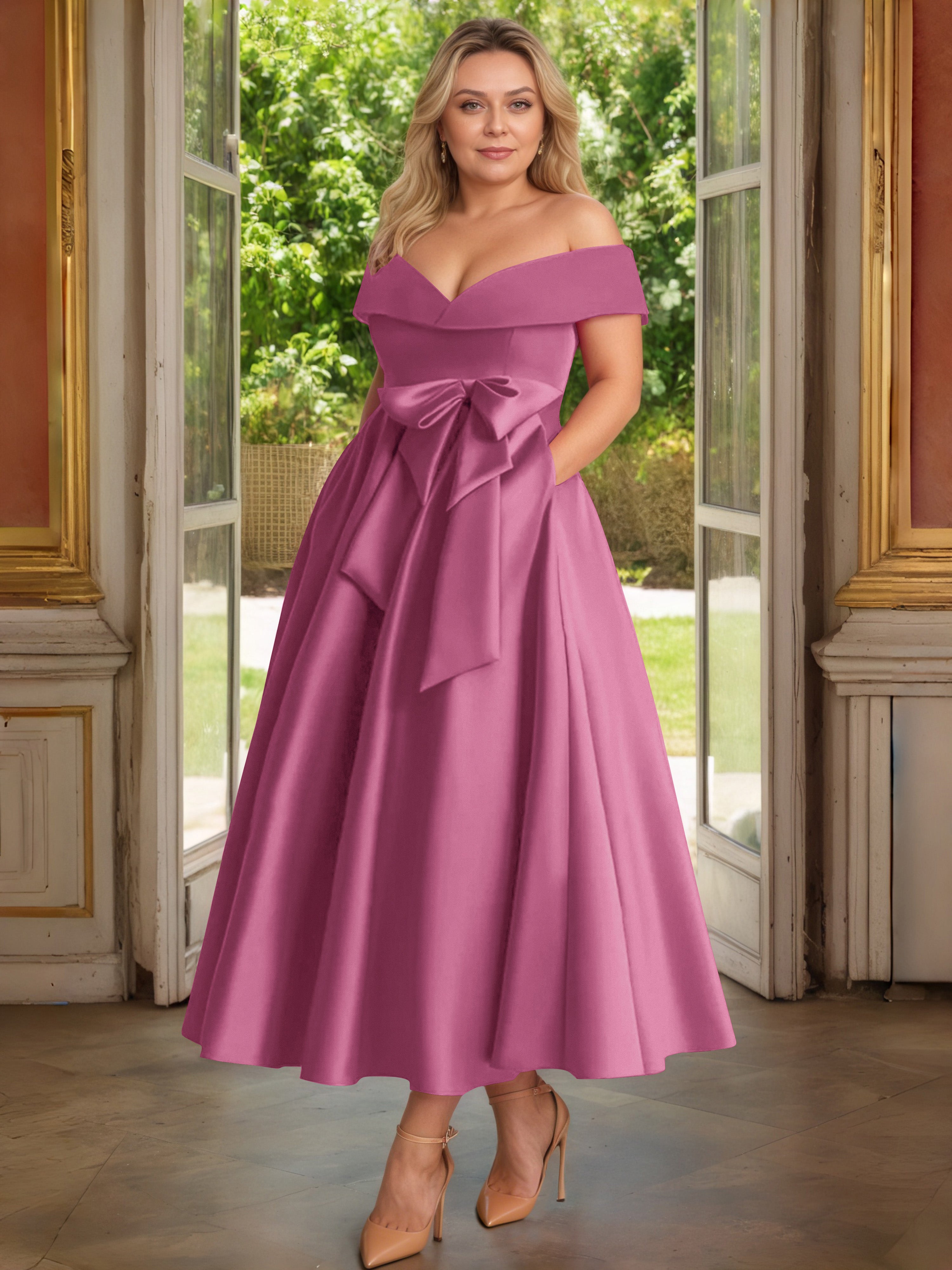 Cicinia Plus Size Mulberry Mother Of The Bride Dress With Bowknot Long Satin A-line Off The Shoulder Ankle Length