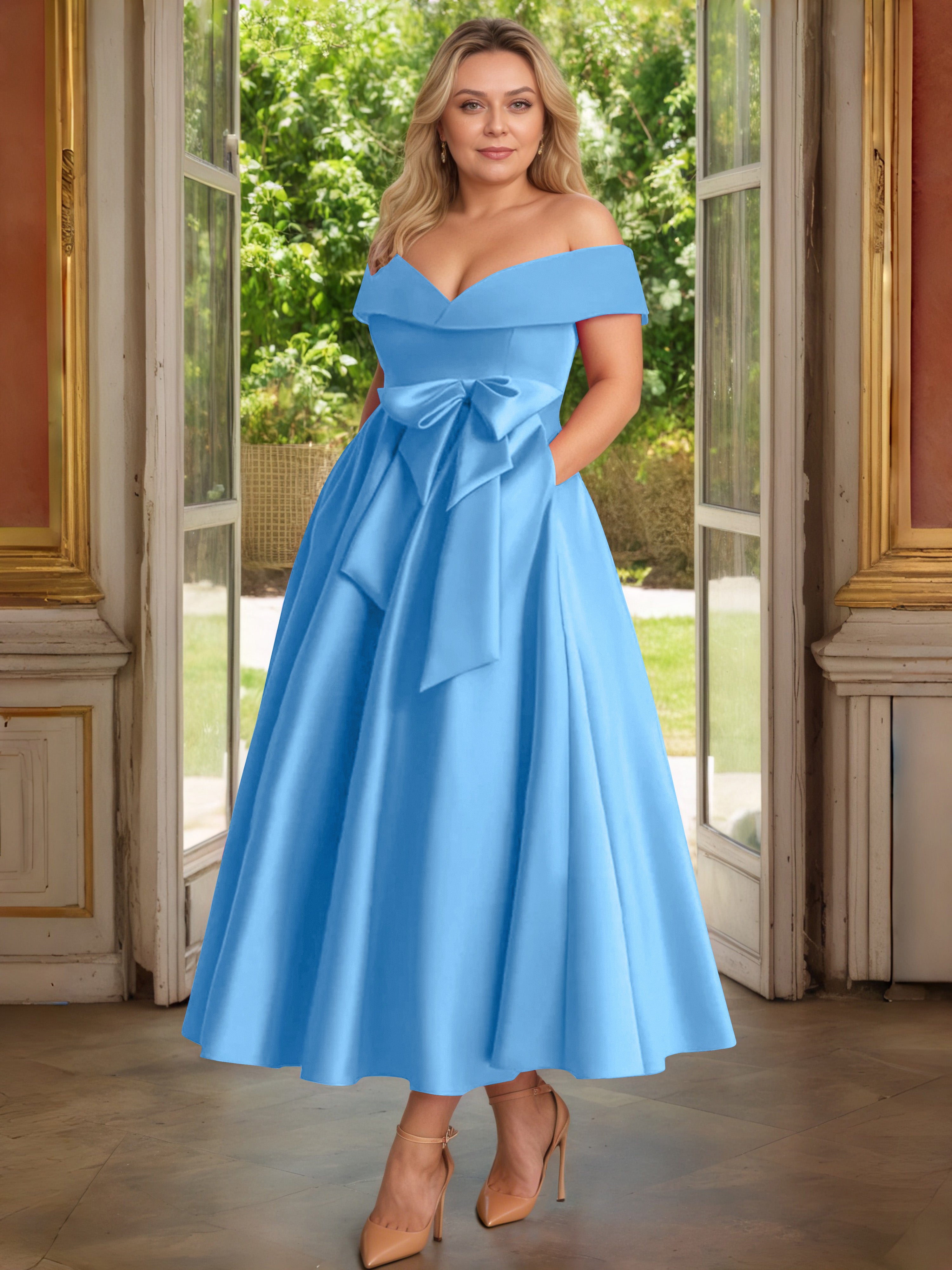 Cicinia Plus Size Ocean Blue Mother Of The Bride Dress With Bowknot Long Satin A-line Off The Shoulder Ankle Length