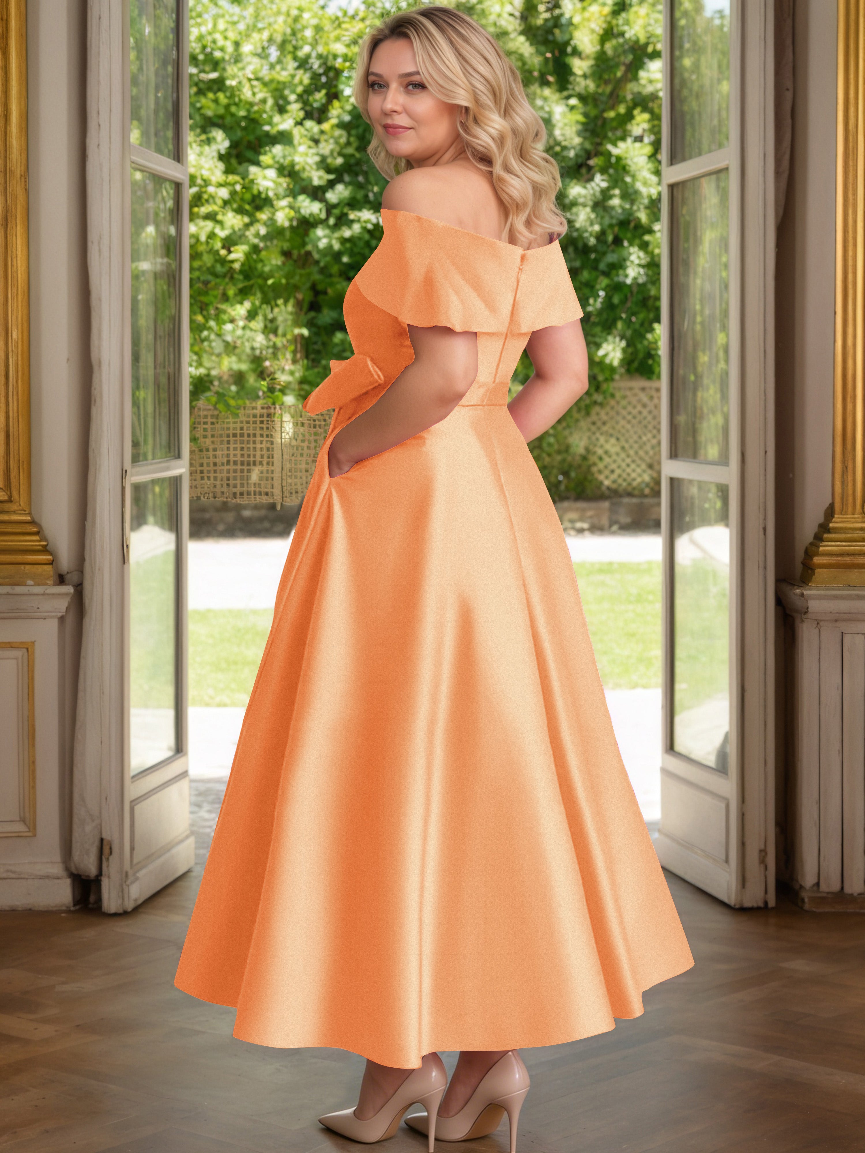 Cicinia Plus Size Orange Mother Of The Bride Dress With Bowknot Long Satin A-line Off The Shoulder Ankle Length