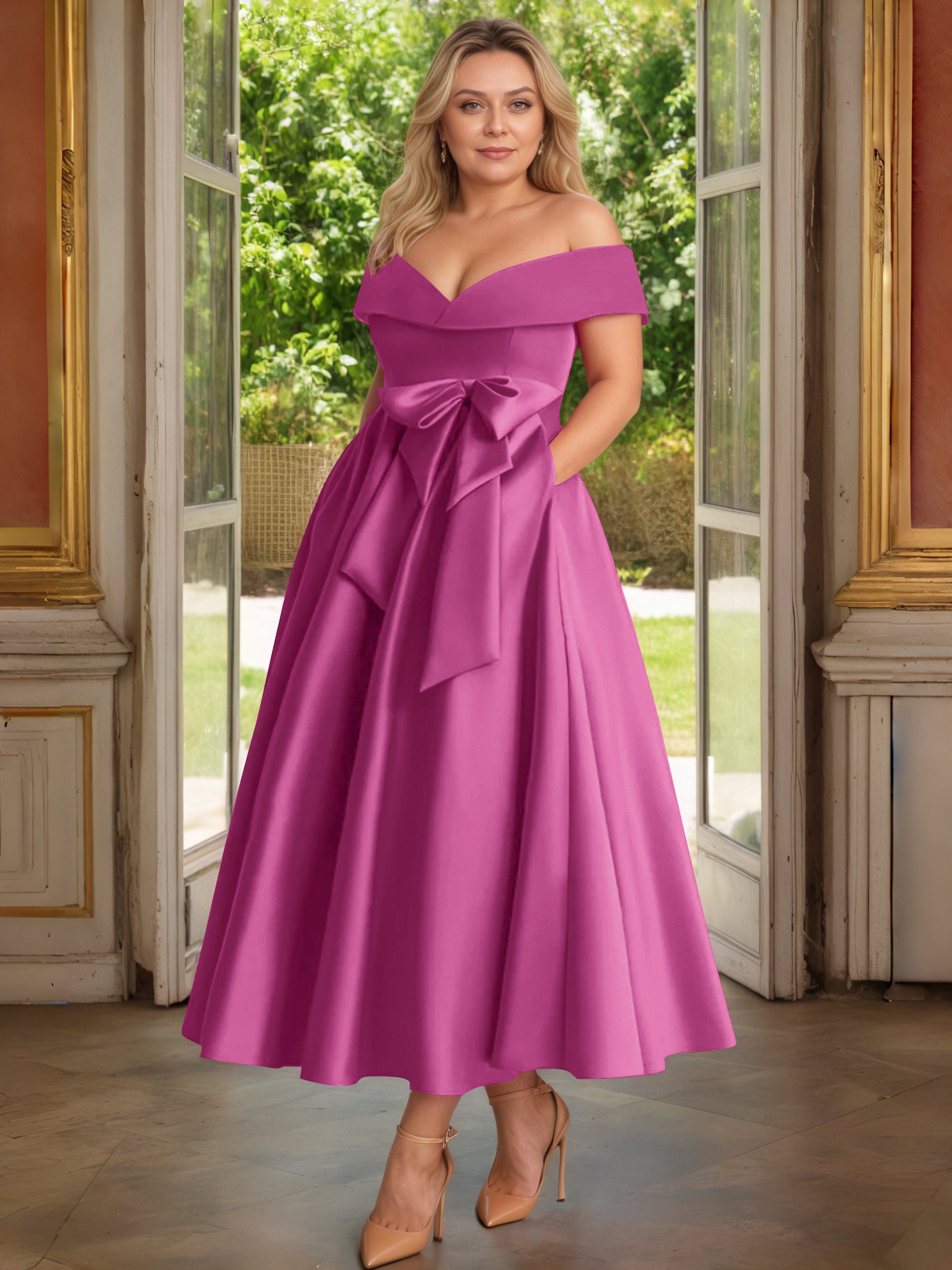Cicinia Plus Size Orchid Mother Of The Bride Dress With Bowknot Long Satin A-line Off The Shoulder Ankle Length