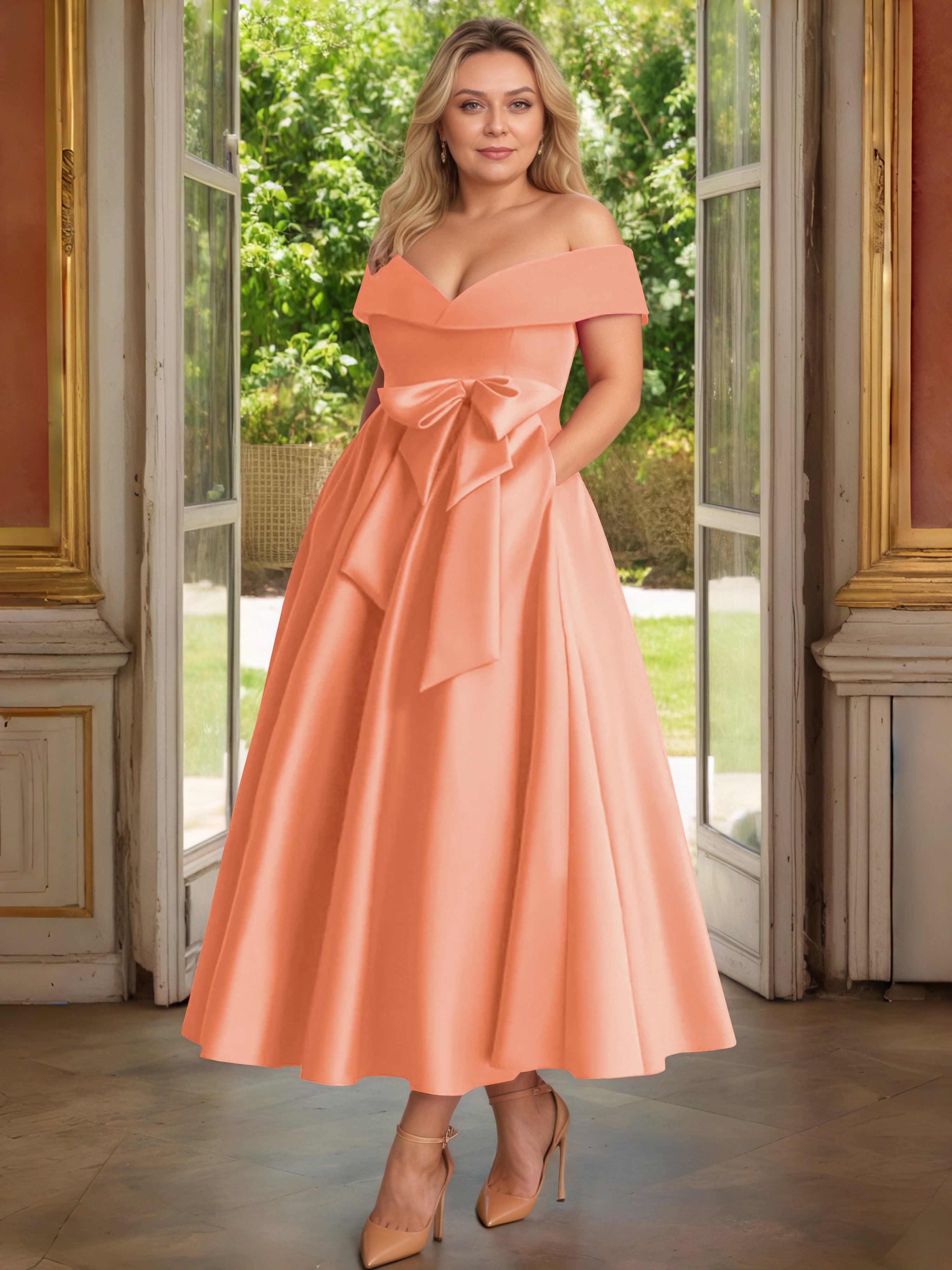 Cicinia Plus Size Papaya Mother Of The Bride Dress With Bowknot Long Satin A-line Off The Shoulder Ankle Length