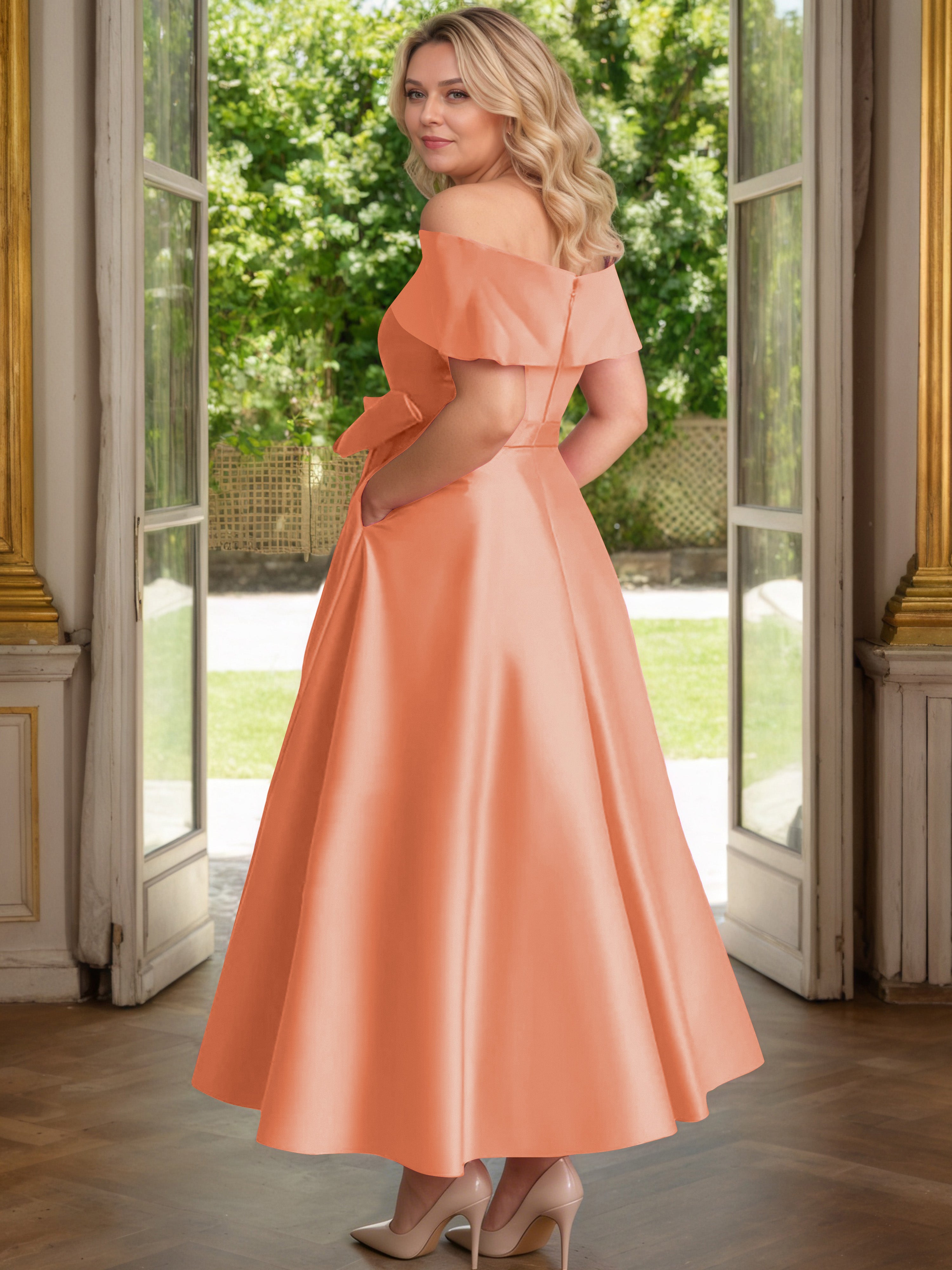 Cicinia Plus Size Papaya Mother Of The Bride Dress With Bowknot Long Satin A-line Off The Shoulder Ankle Length