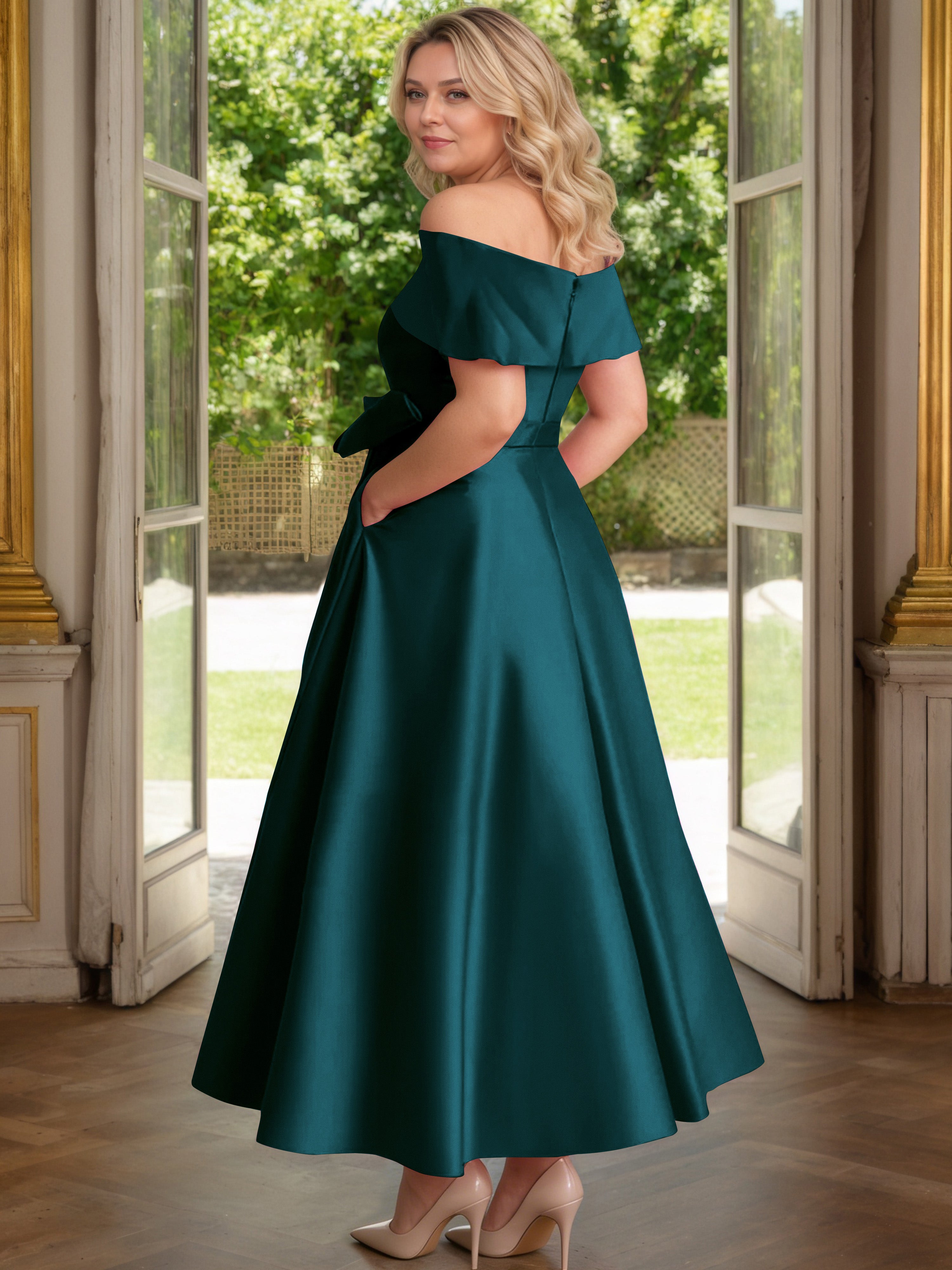 Cicinia Plus Size Peacock Mother Of The Bride Dress With Bowknot Long Satin A-line Off The Shoulder Ankle Length