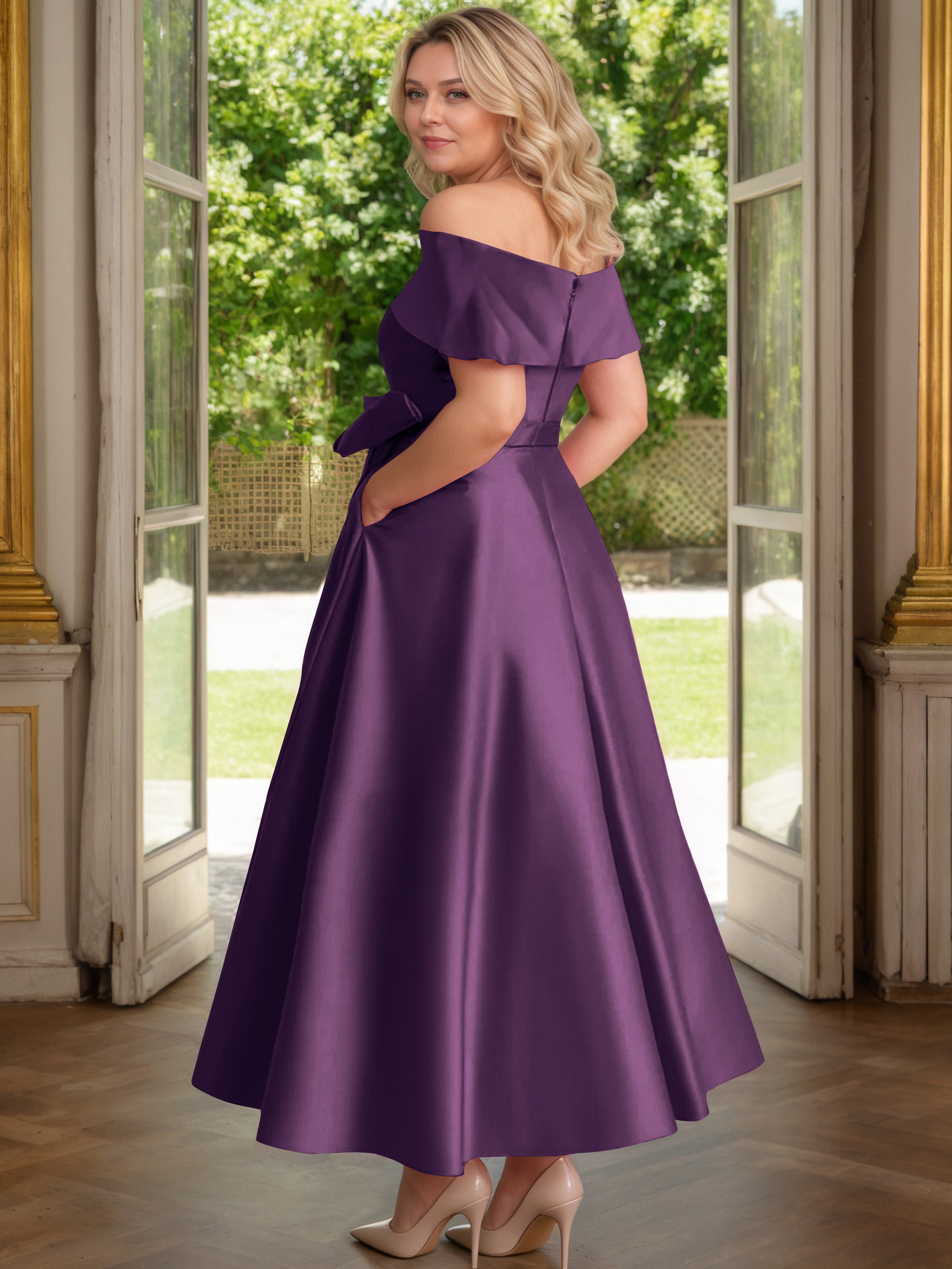 Cicinia Plus Size Plum Mother Of The Bride Dress With Bowknot Long Satin A-line Off The Shoulder Ankle Length