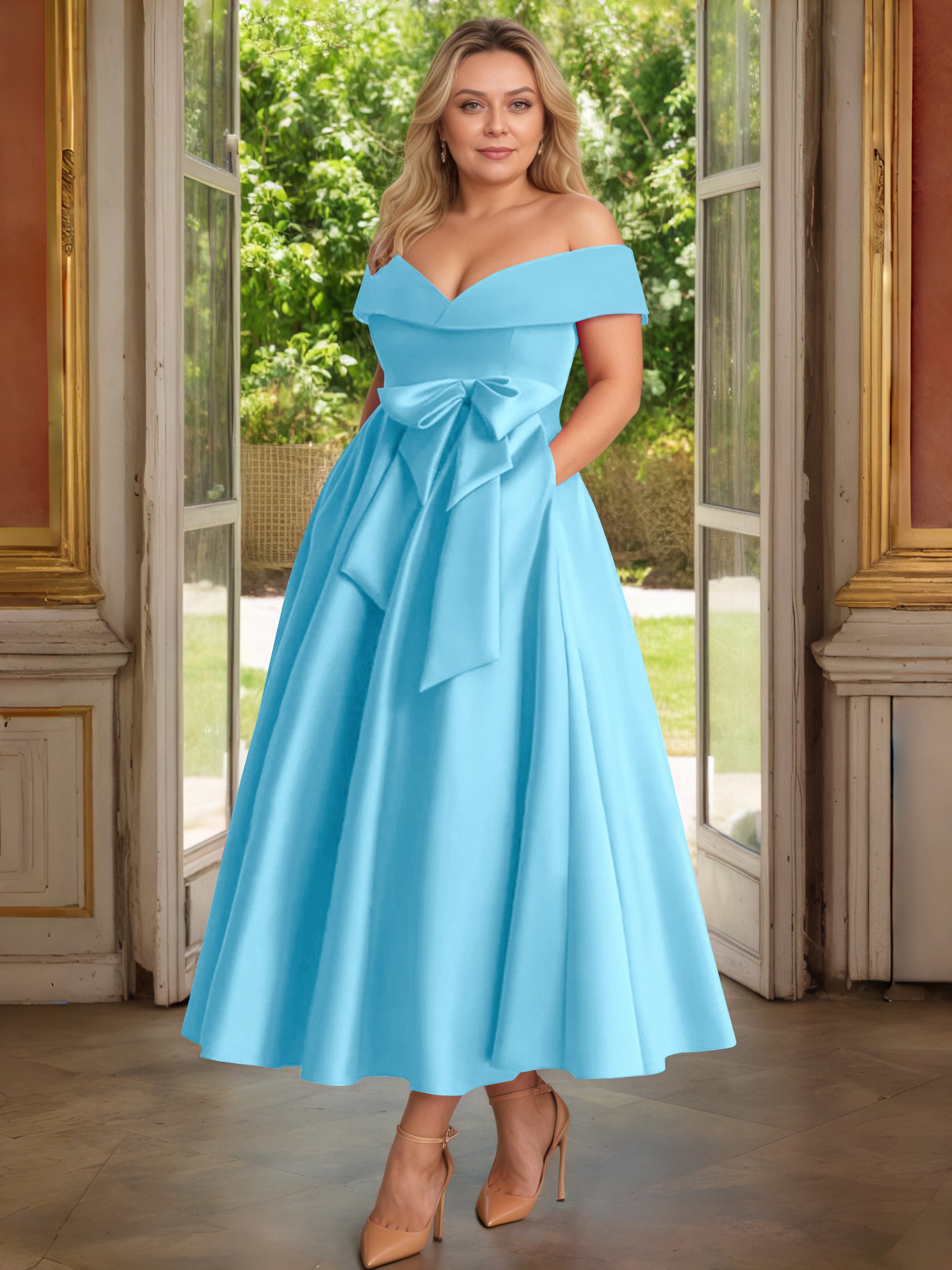 Cicinia Plus Size Pool Mother Of The Bride Dress With Bowknot Long Satin A-line Off The Shoulder Ankle Length