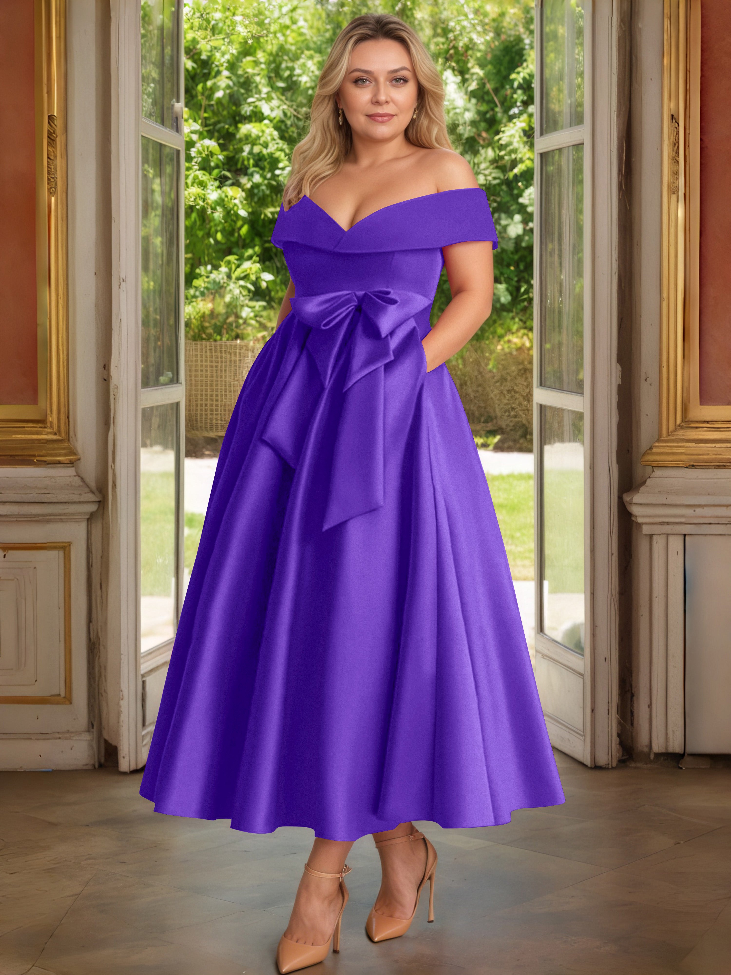 Cicinia Plus Size Regency Mother Of The Bride Dress With Bowknot Long Satin A-line Off The Shoulder Ankle Length