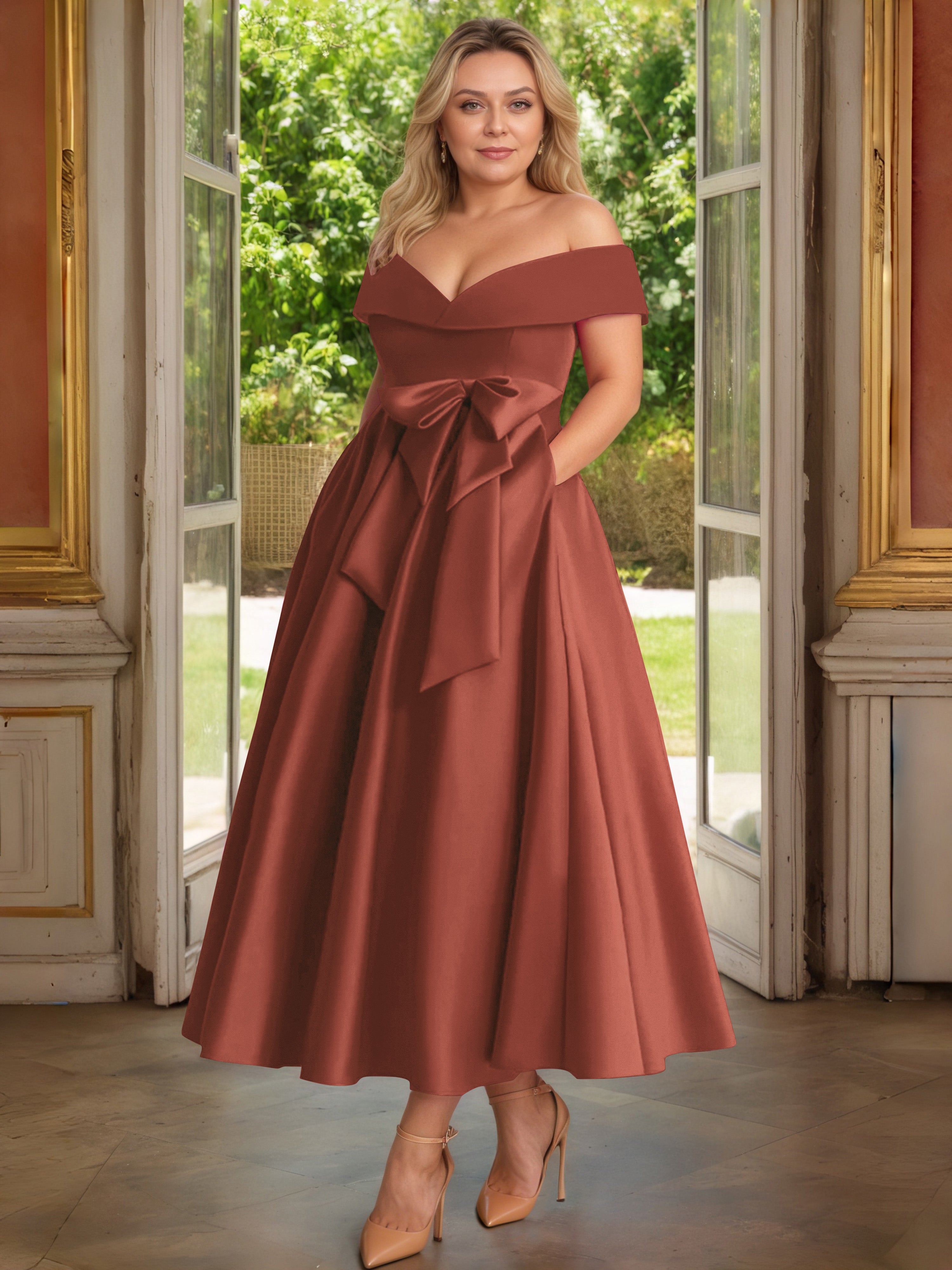 Cicinia Plus Size Rust Mother Of The Bride Dress With Bowknot Long Satin A-line Off The Shoulder Ankle Length
