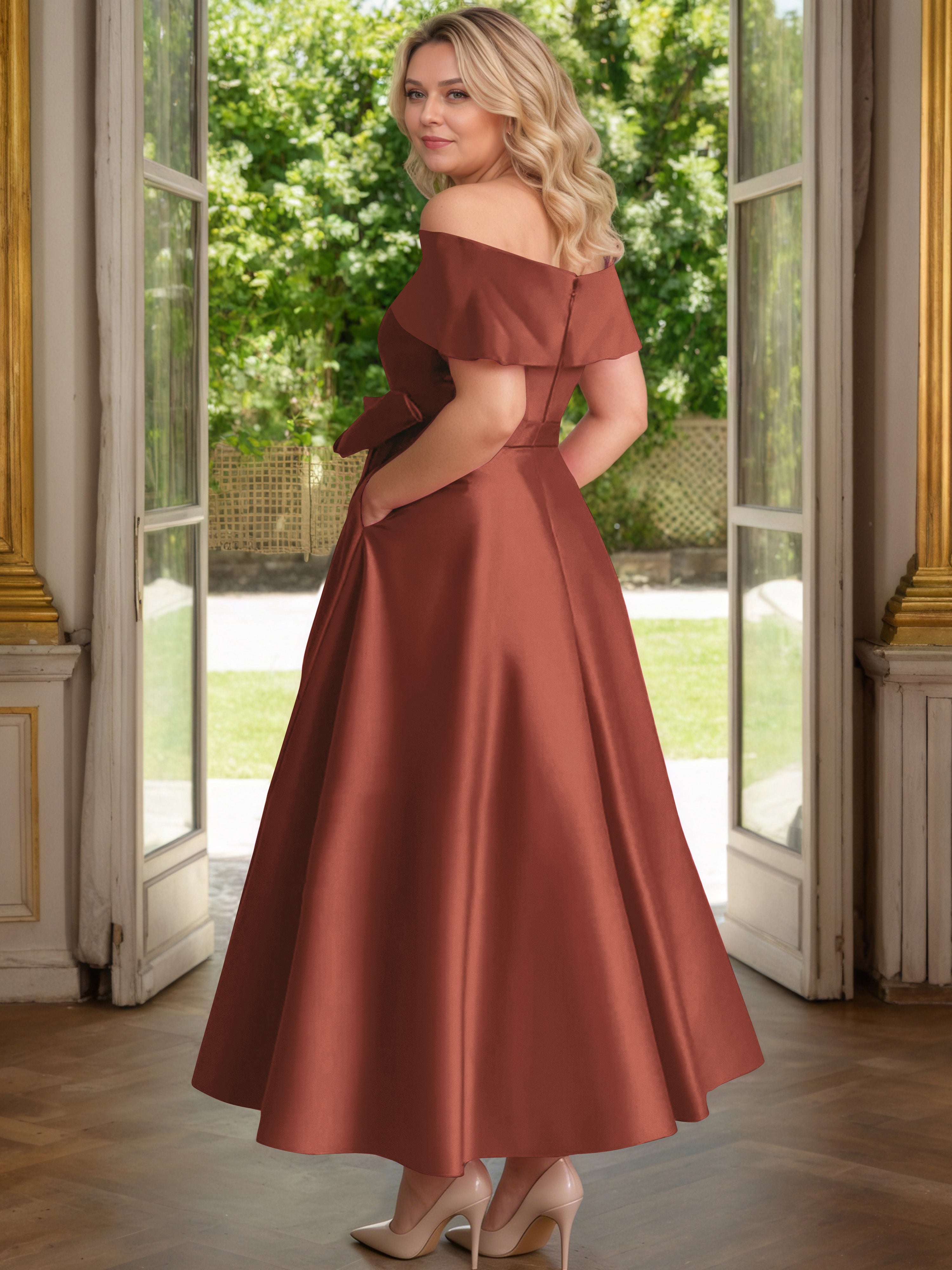 Cicinia Plus Size Rust Mother Of The Bride Dress With Bowknot Long Satin A-line Off The Shoulder Ankle Length