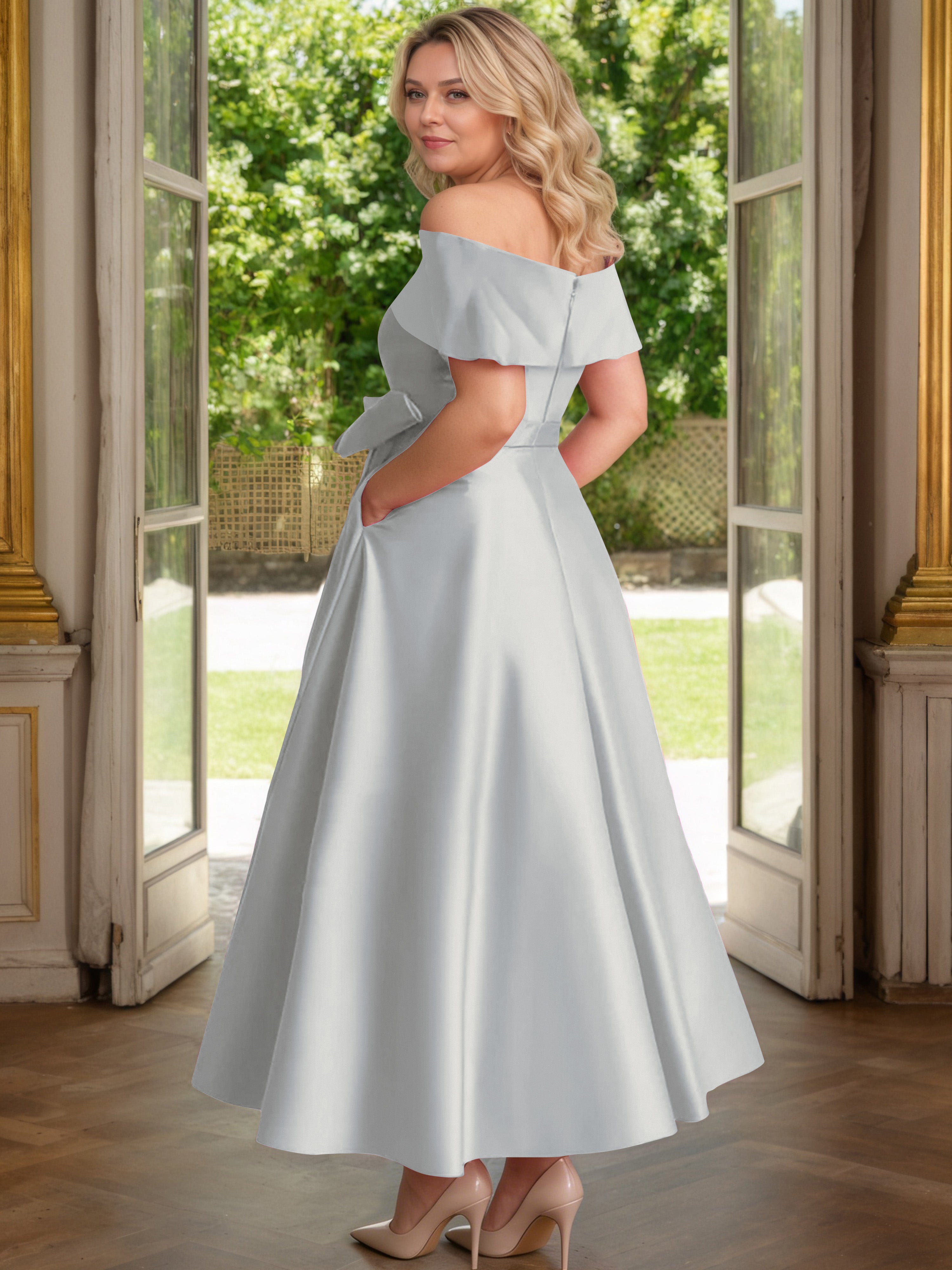 Cicinia Plus Size Silver Mother Of The Bride Dress With Bowknot Long Satin A-line Off The Shoulder Ankle Length