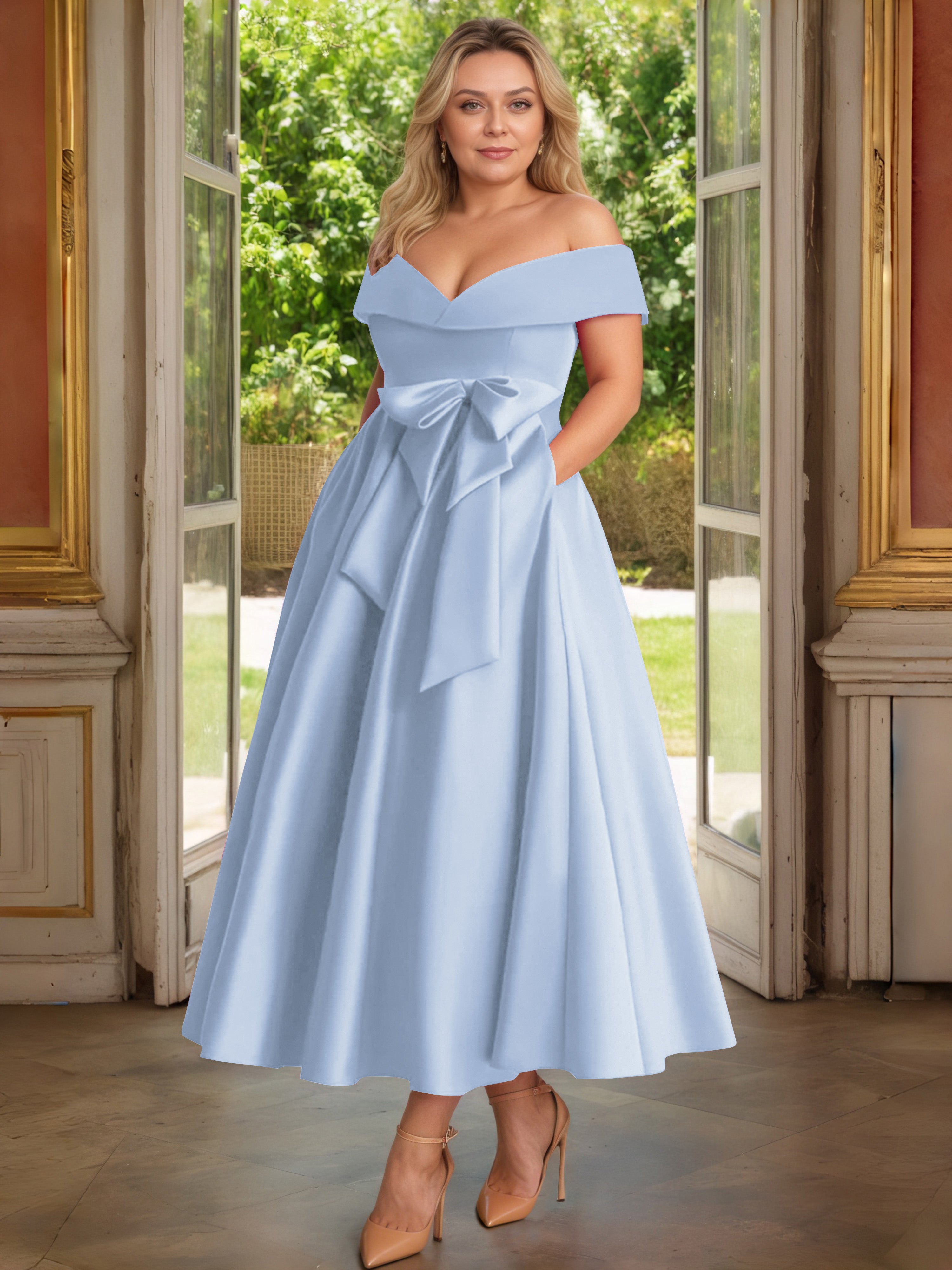 Cicinia Plus Size Sky Blue Mother Of The Bride Dress With Bowknot Long