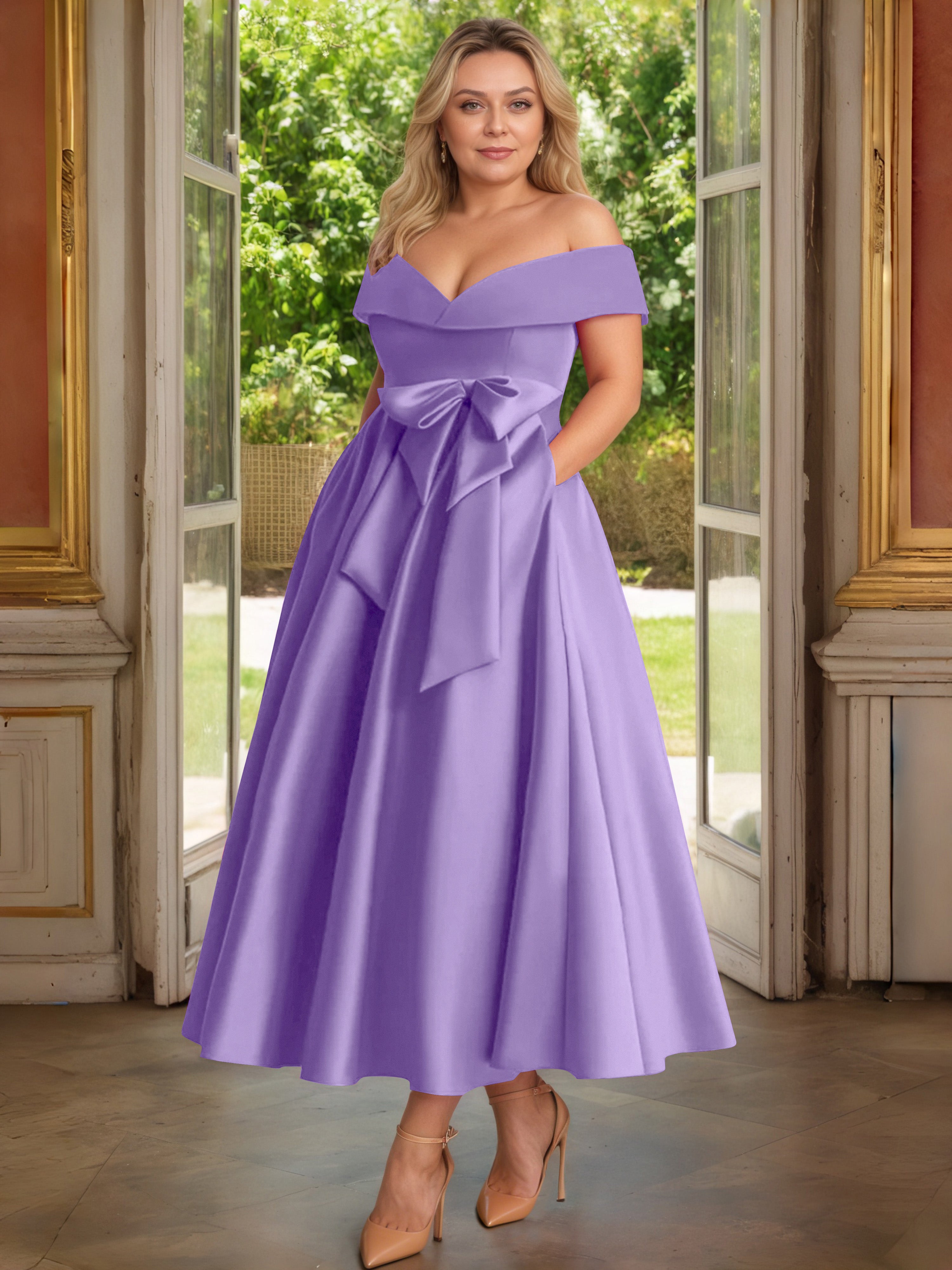 Cicinia Plus Size Tahiti Mother Of The Bride Dress With Bowknot Long Satin A-line Off The Shoulder Ankle Length