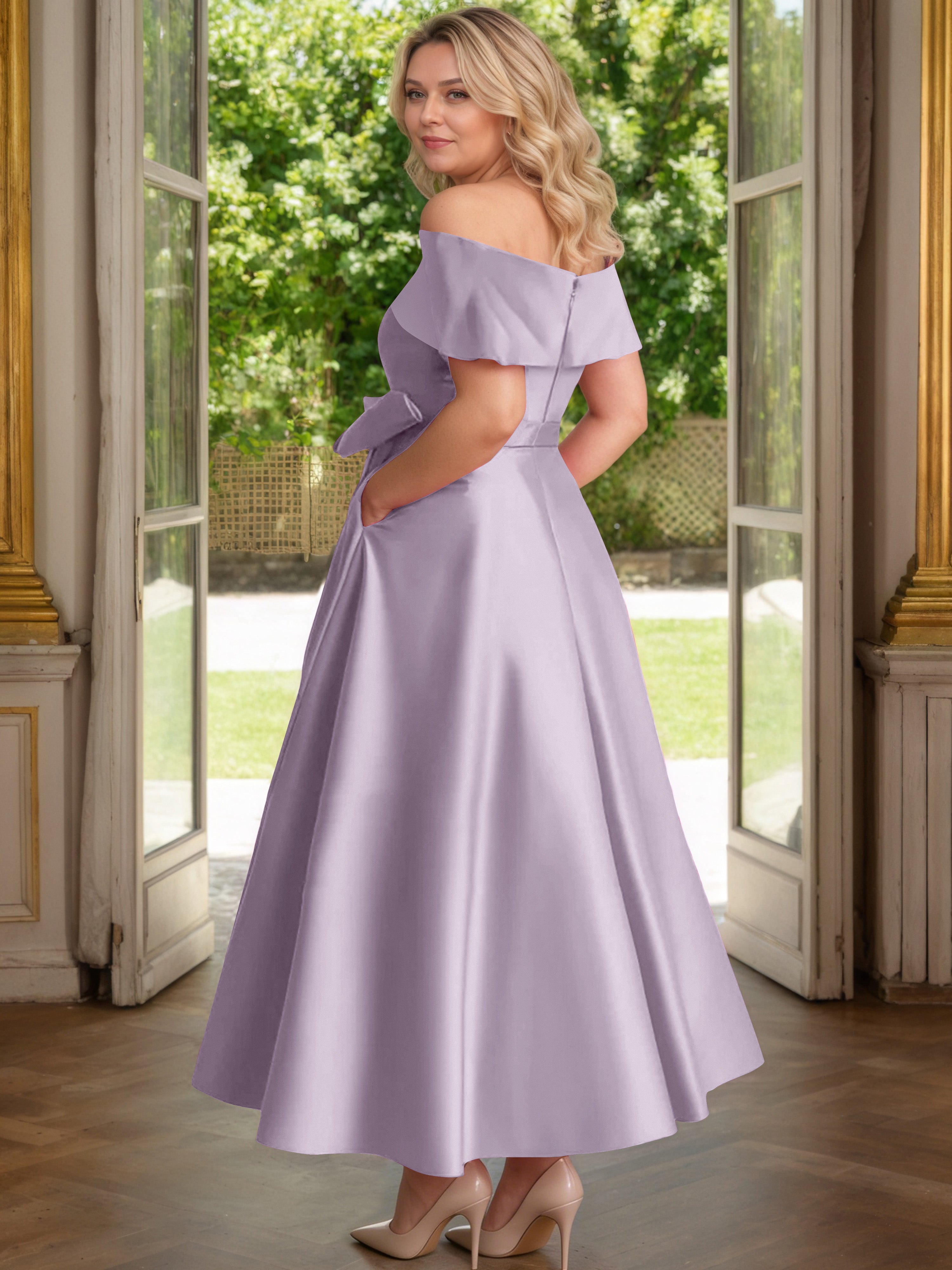 Cicinia Plus Size Vintage Mauve Mother Of The Bride Dress With Bowknot Long Satin A-line Off The Shoulder Ankle Length