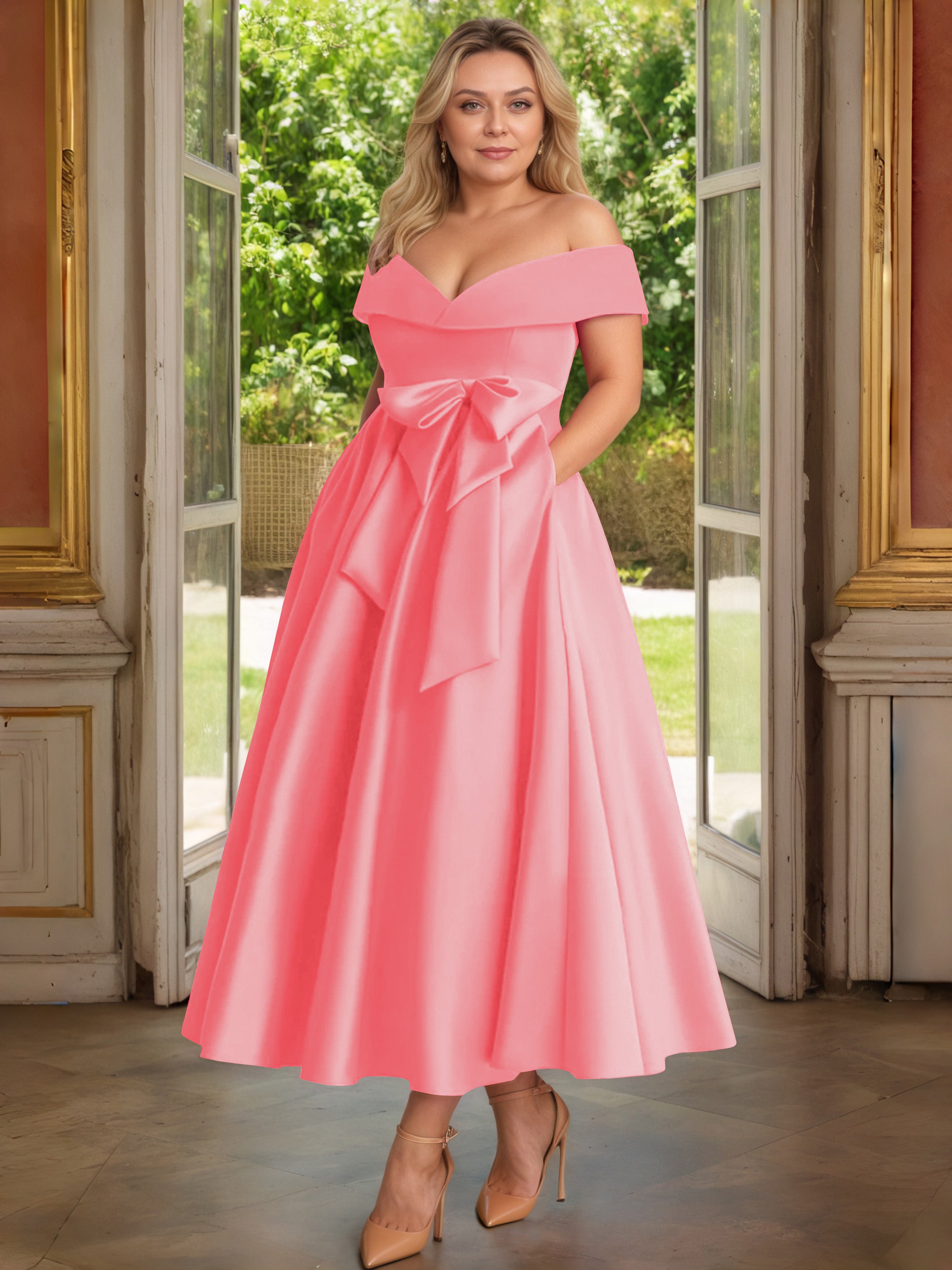 Cicinia Plus Size Watermelon Mother Of The Bride Dress With Bowknot Long Satin A-line Off The Shoulder Ankle Length