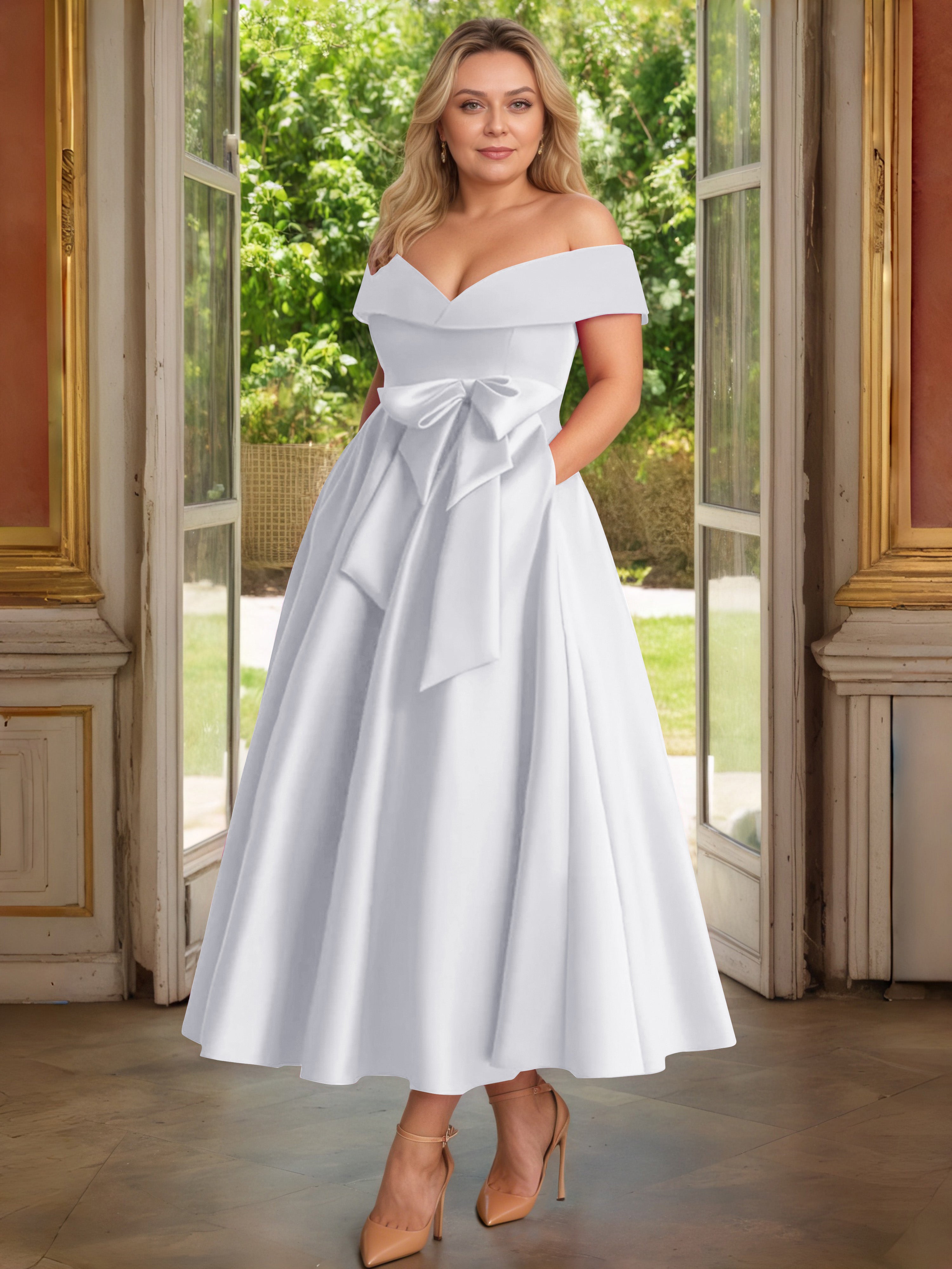 Cicinia Plus Size White Mother Of The Bride Dress With Bowknot Long Satin A-line Off The Shoulder Ankle Length