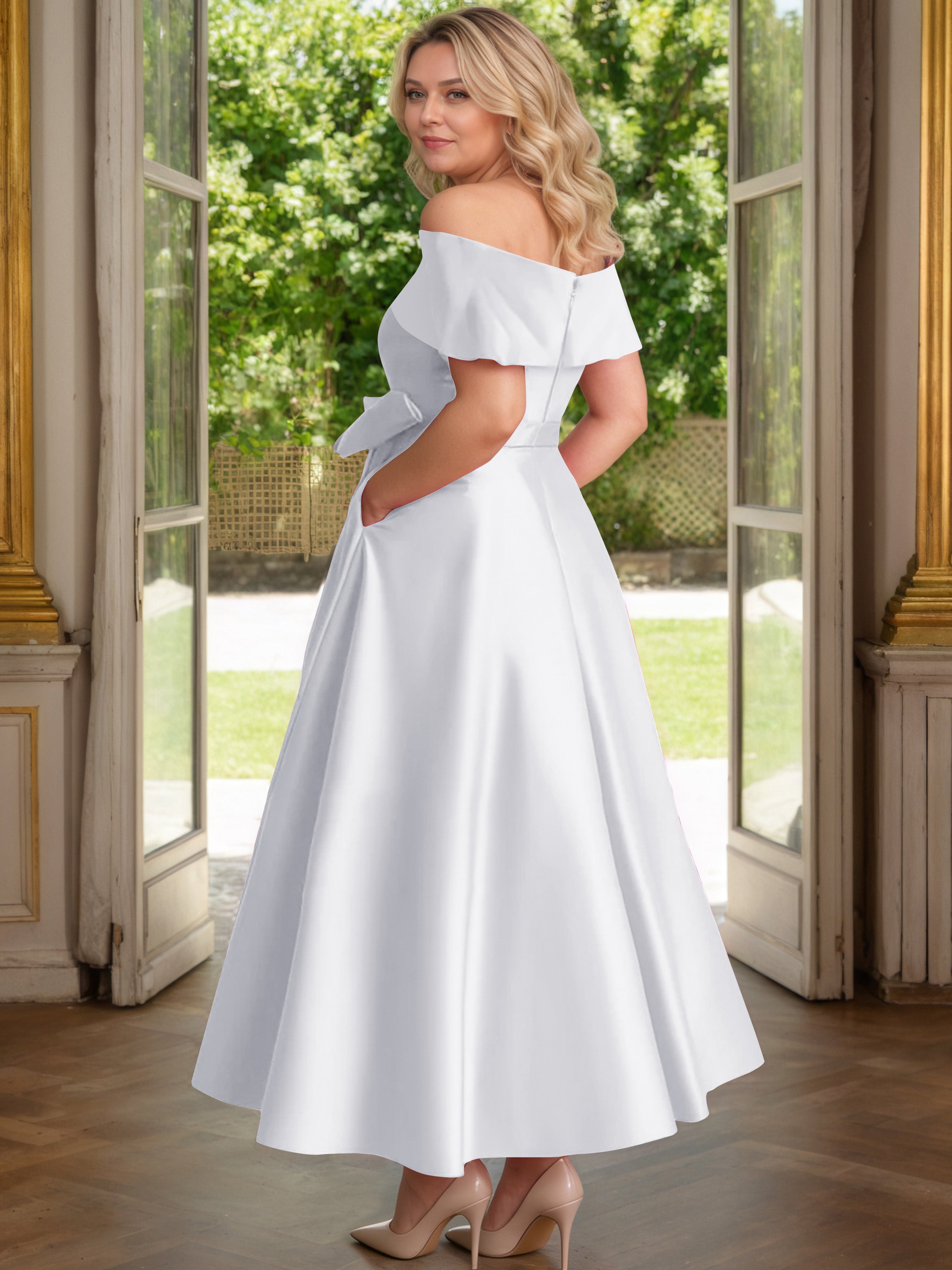 Cicinia Plus Size White Mother Of The Bride Dress With Bowknot Long Satin A-line Off The Shoulder Ankle Length