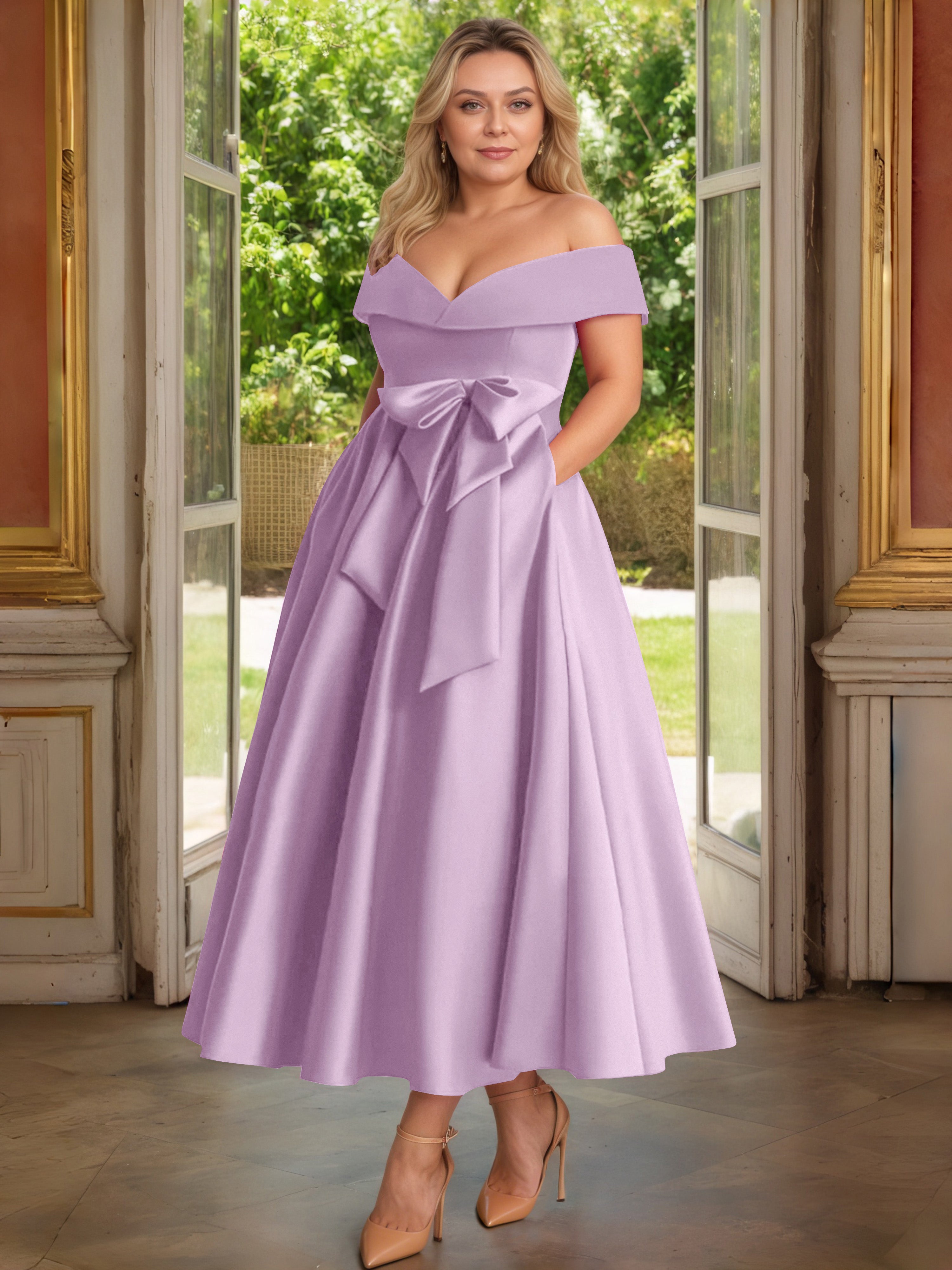 Cicinia Plus Size Wisteria Mother Of The Bride Dress With Bowknot Long Satin A-line Off The Shoulder Ankle Length