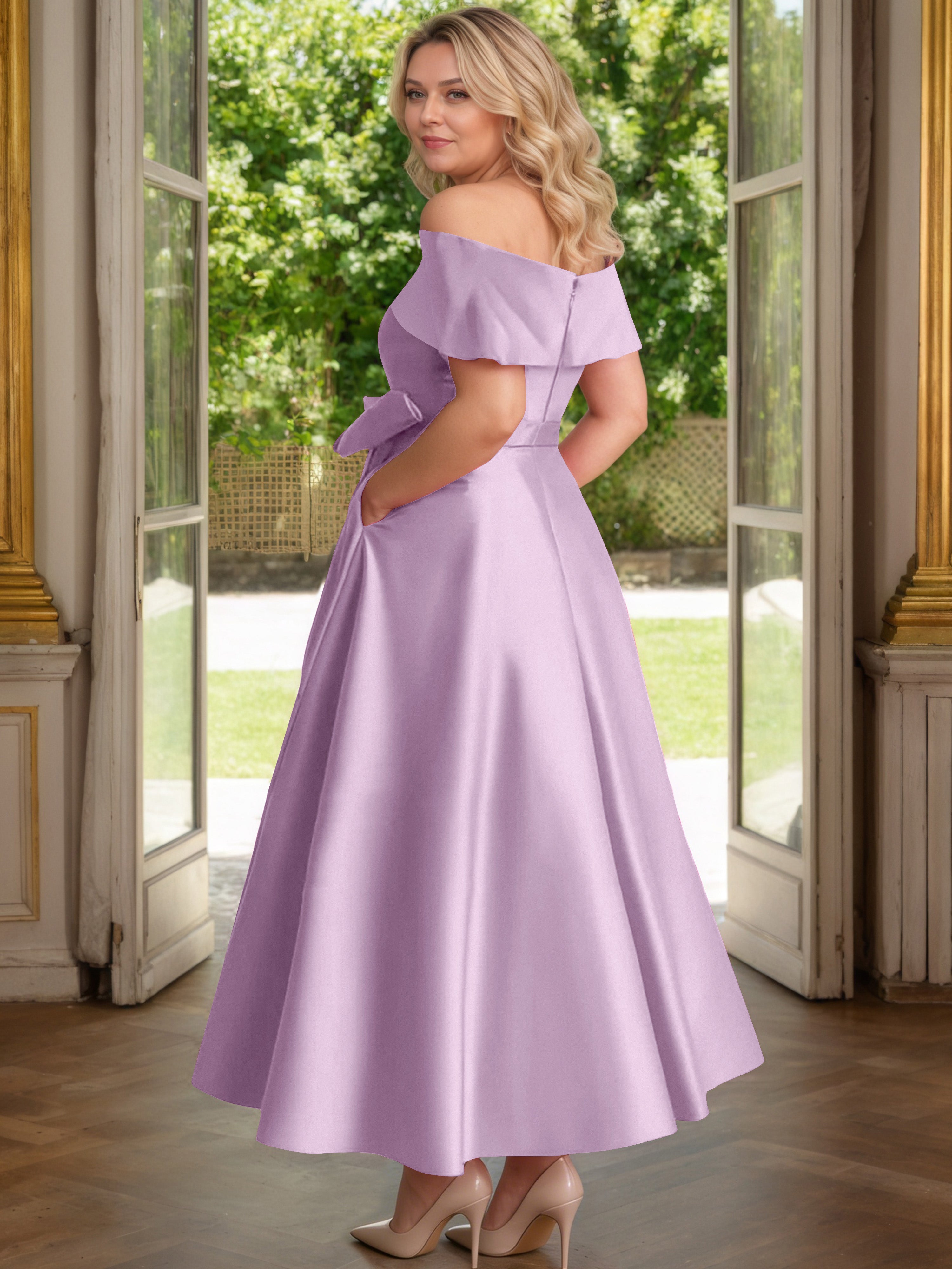 Cicinia Plus Size Wisteria Mother Of The Bride Dress With Bowknot Long Satin A-line Off The Shoulder Ankle Length