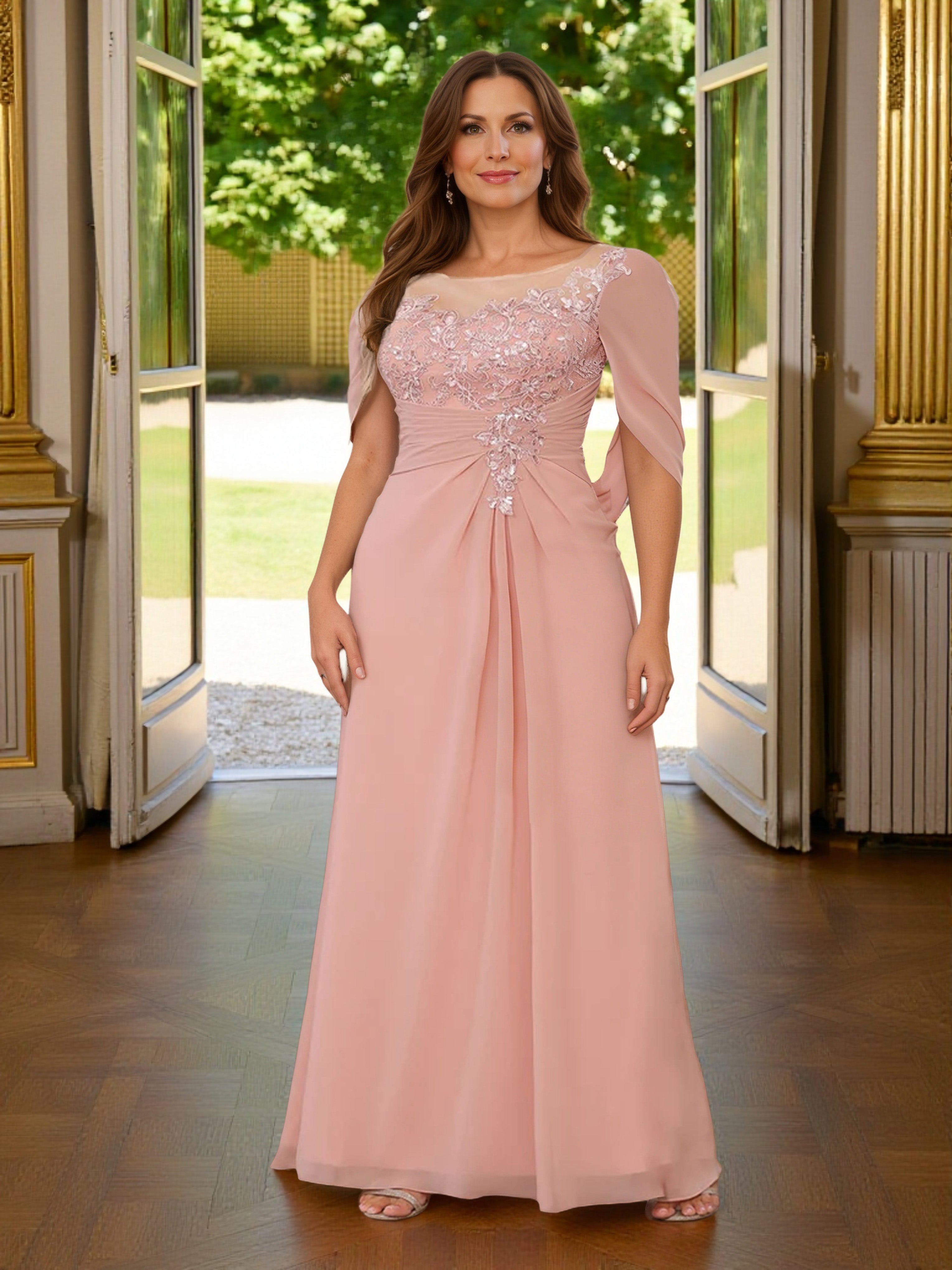 Cicinia Blush Mother Of The Bride Dress Plus Size Long Chiffon Sheath Cape Sleeves
