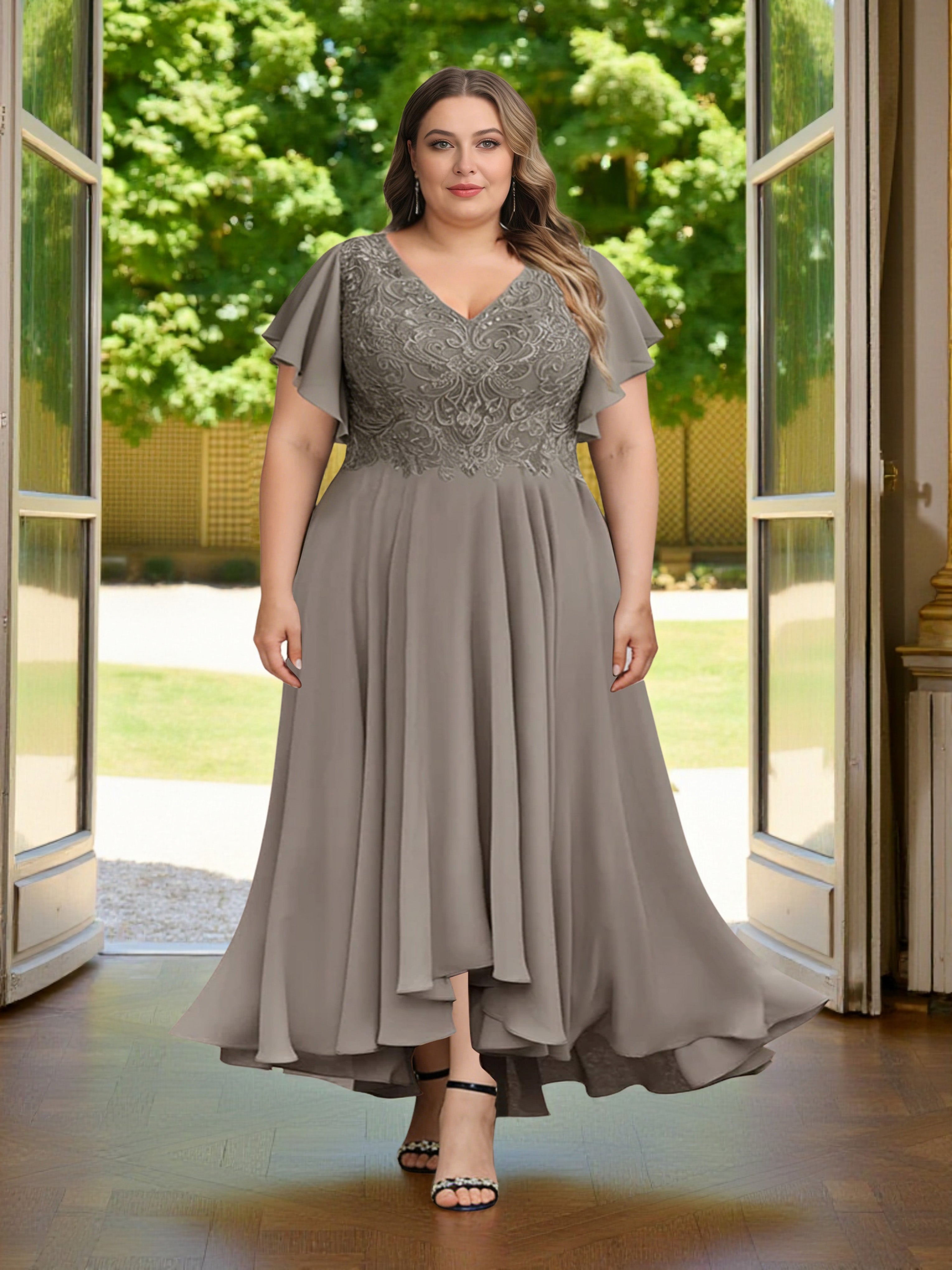 Cicinia Gray Mother Of The Bride Dress Plus Size Long Chiffon Lace A-l Cicinia Gray Mother Of The Bride Dress Plus Size Long Chiffon Lace A-l