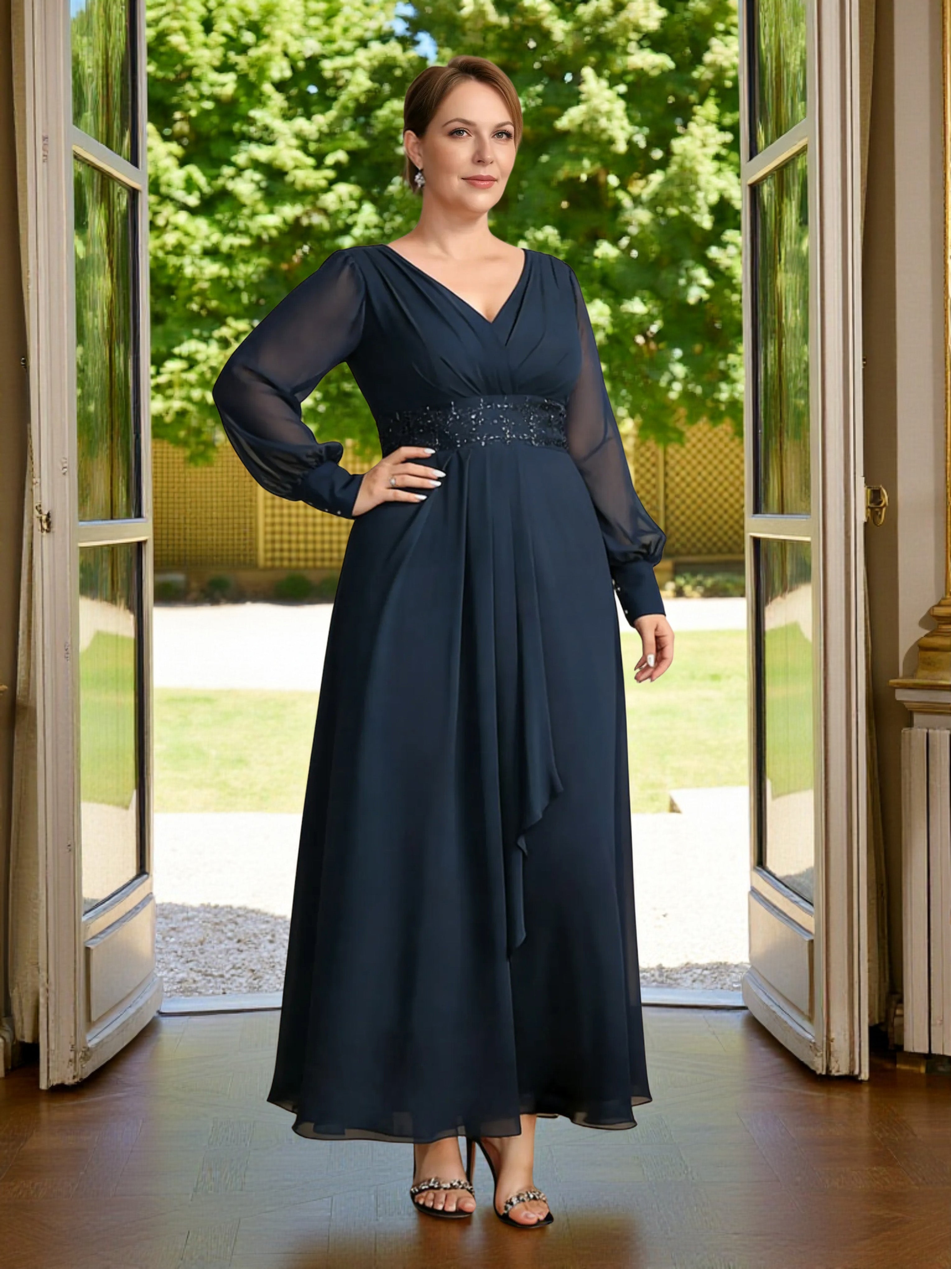 Cicinia Dark Navy Mother Of The Bride Dress Plus Size Long Chiffon A-line Ankle Length V-neck