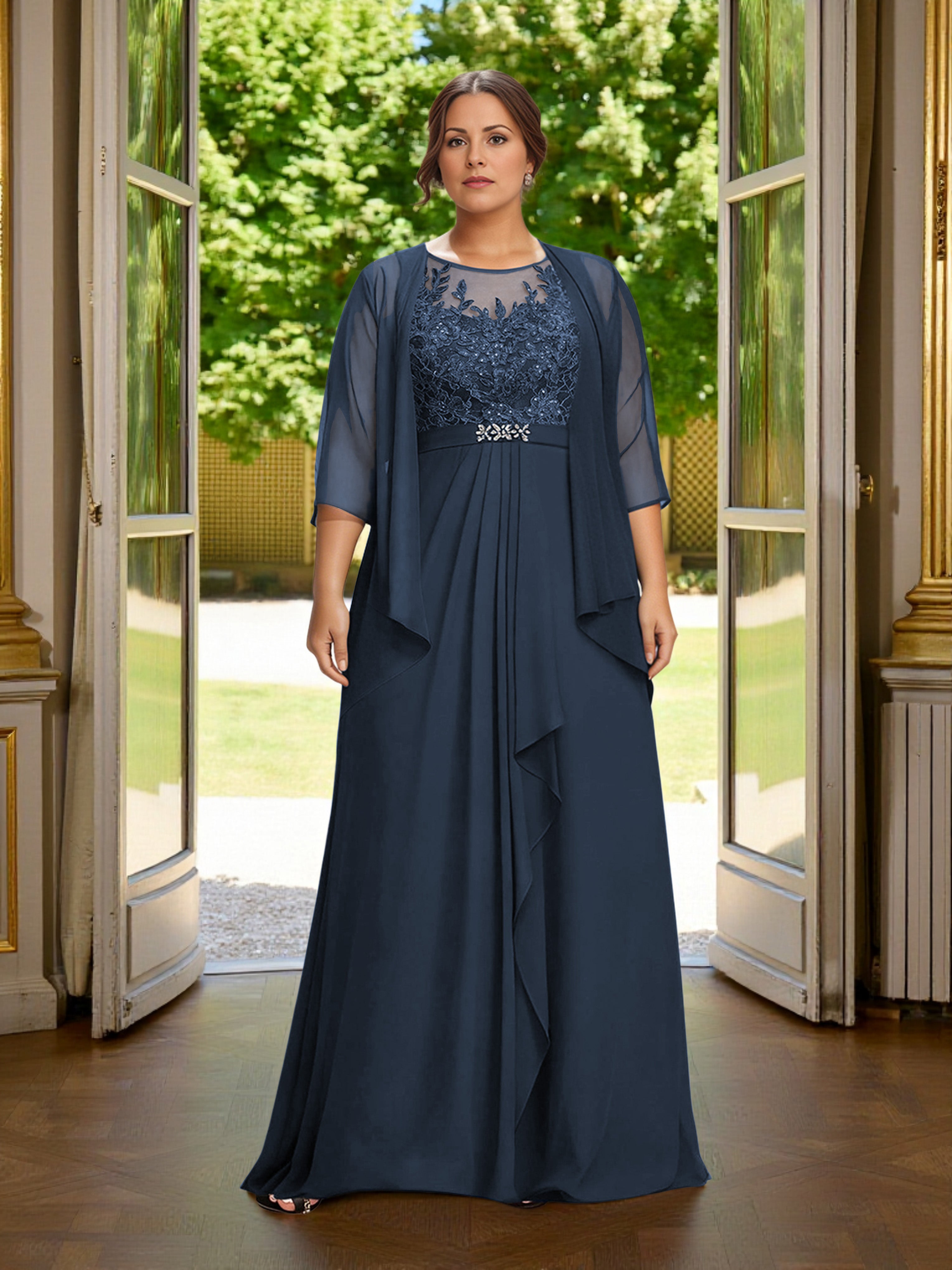 Cicinia Dark Navy Mother Of The Bride Dress With Jacket Plus Size Long Chiffon A-line 2 Pieces